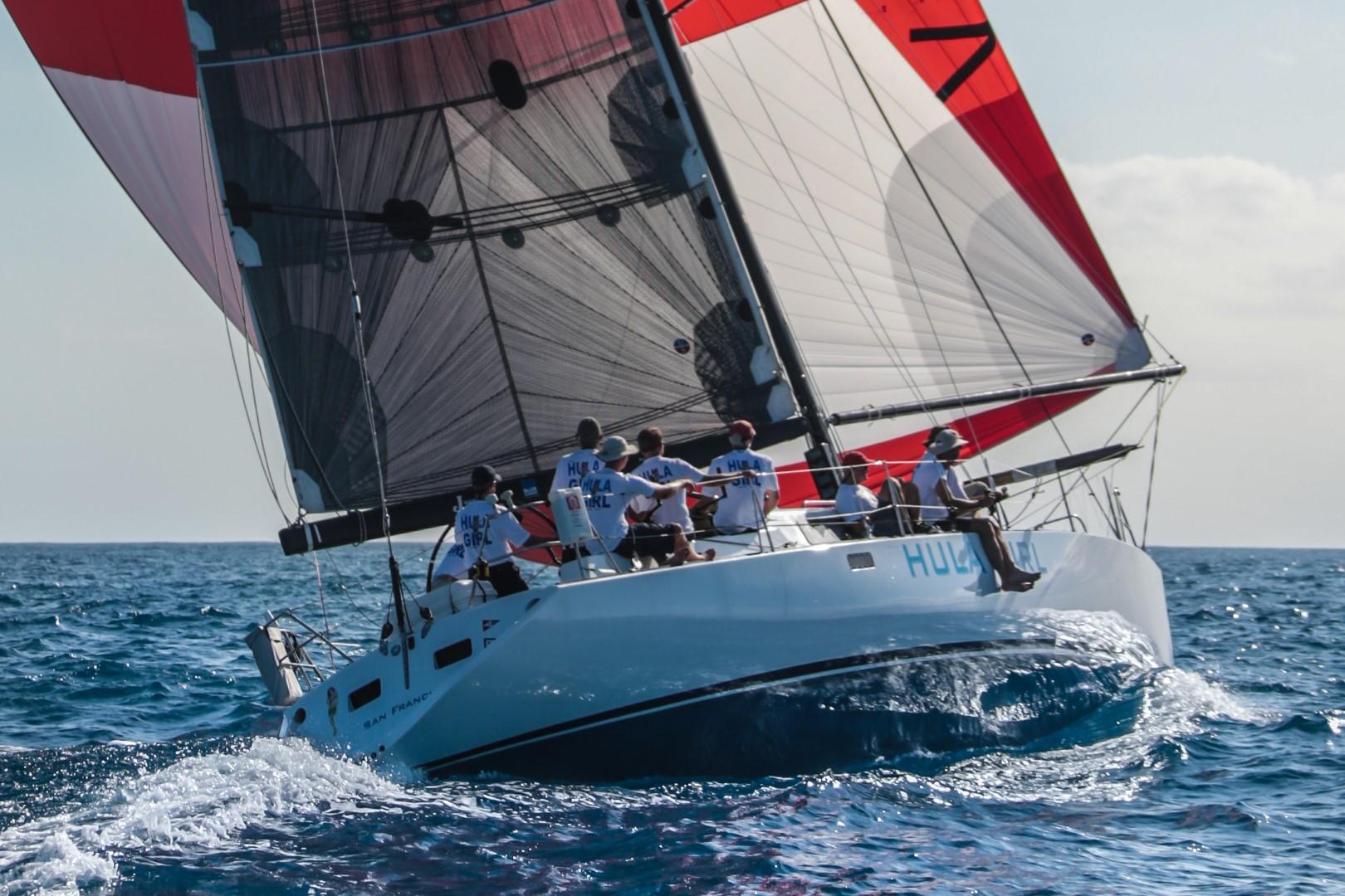Sailing yacht Santa Cruz SC 50, 1980, with crew navigating ocean waters.