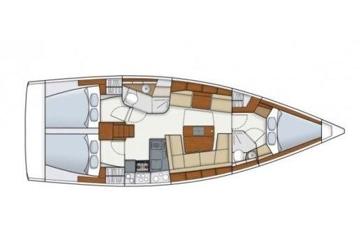 Floor plan of a 2014 Hanse 415 sailboat, featuring cabins, kitchen, and seating area.