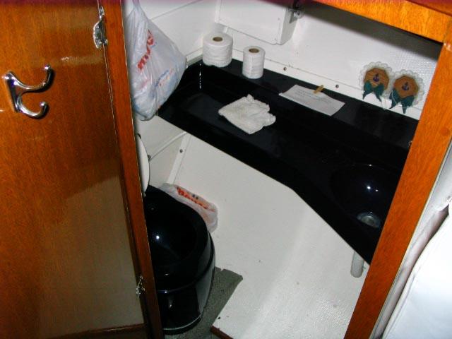 1967 Chris-Craft Sea Skiff 32 Sport Cruiser bathroom with toilet and sink.