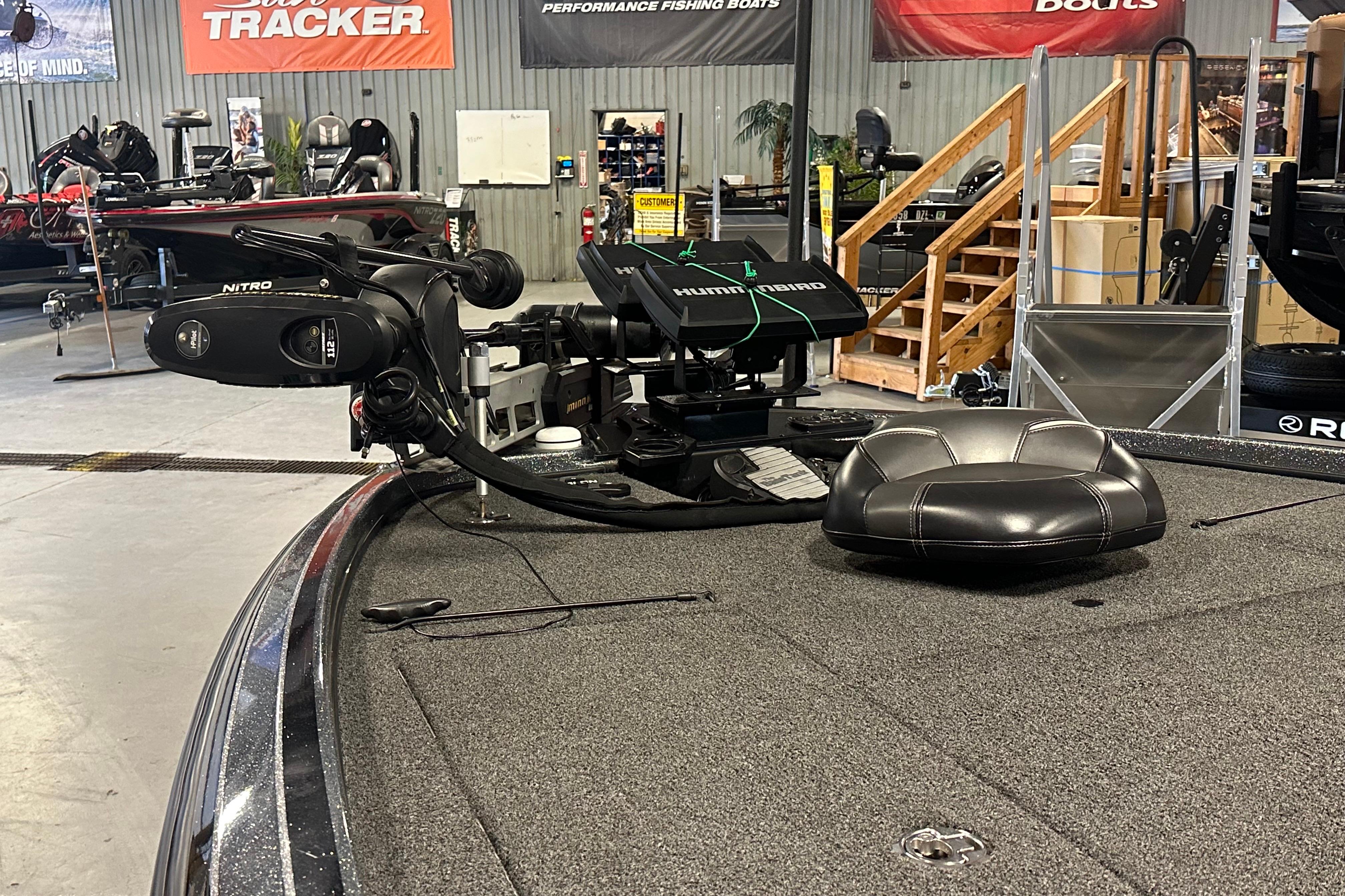 2018 Nitro Z20 Pro boat interior with Humminbird electronics in a showroom.