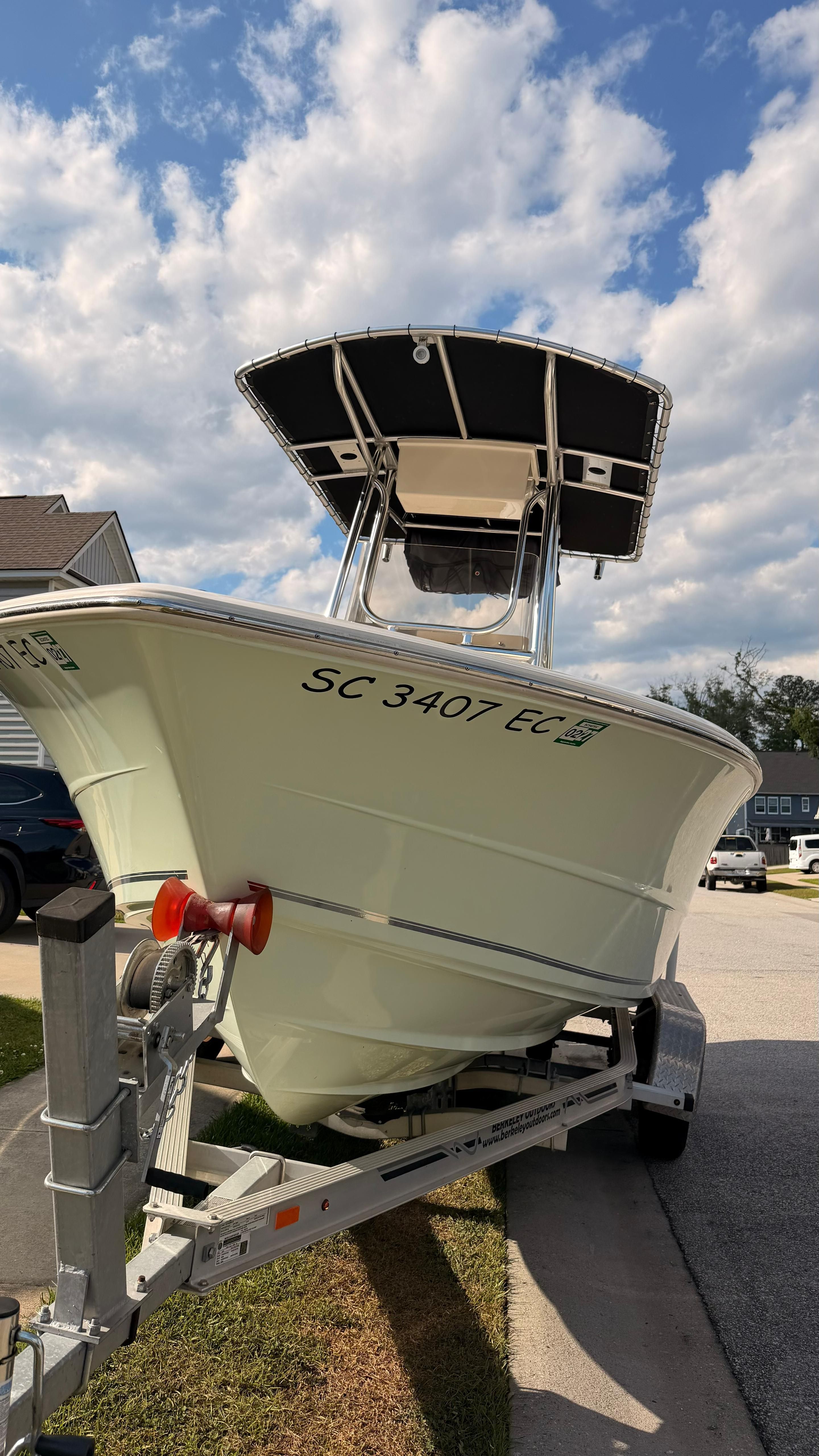 A Bulls Bay 200 Center Console boat on a trailer, ready for use.