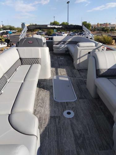 2024 Ranger Reata 223C pontoon boat interior with gray seating and flooring.