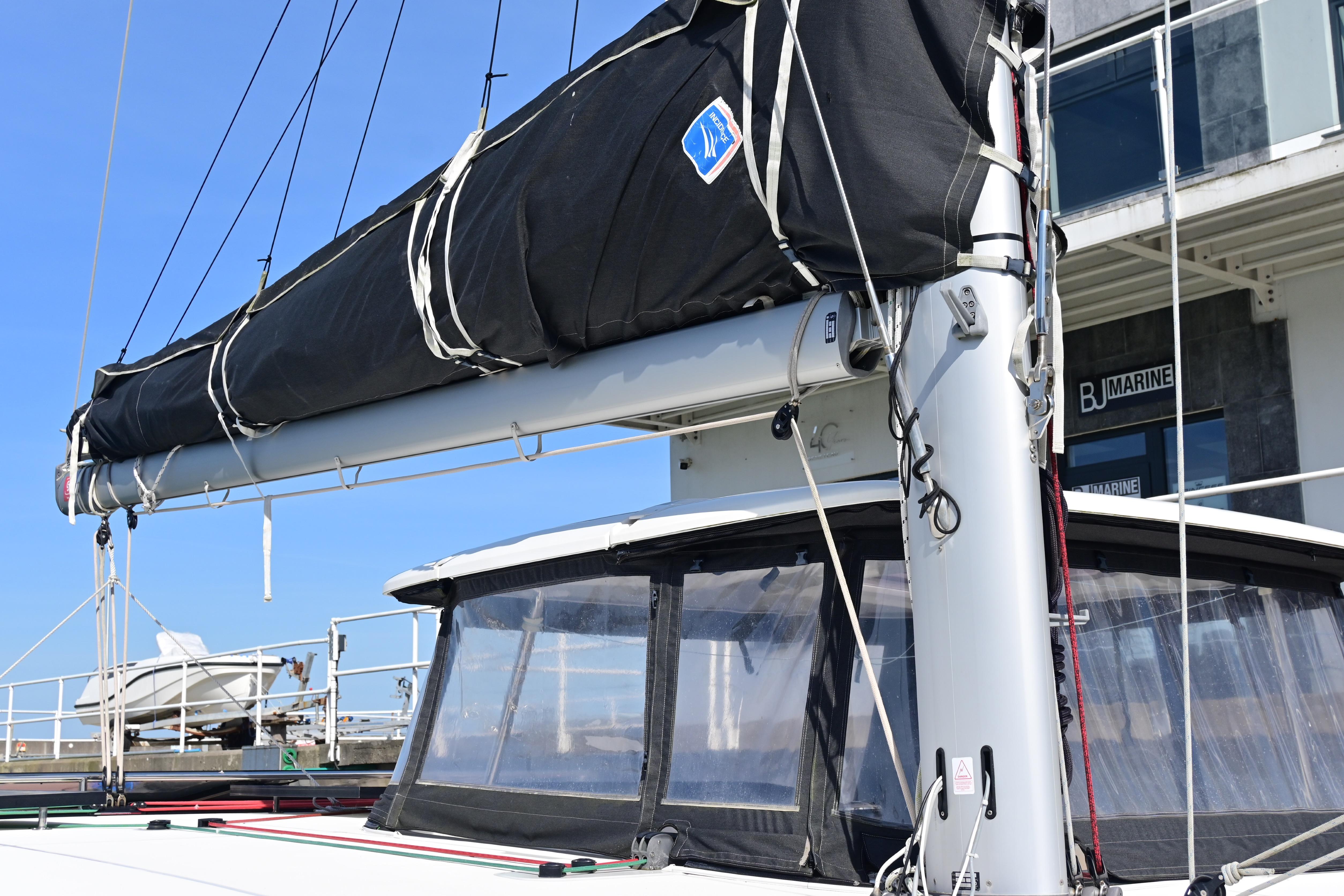 2020 Lagoon 42 catamaran with sails furled, docked at BJ Marine.