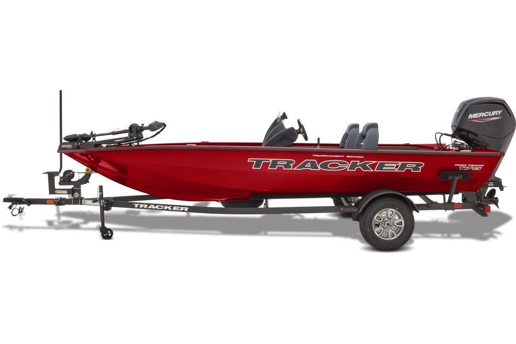 2026 Tracker Pro Team 175 boat, red, on trailer with Mercury engine.