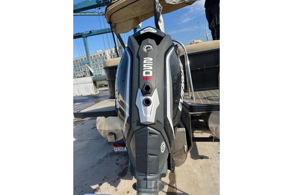 2020 Manitou Oasis 250 with Evinrude outboard motor at a marina dock.