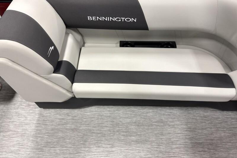 2026 Bennington 22 SSRSF boat seat with gray and white upholstery.