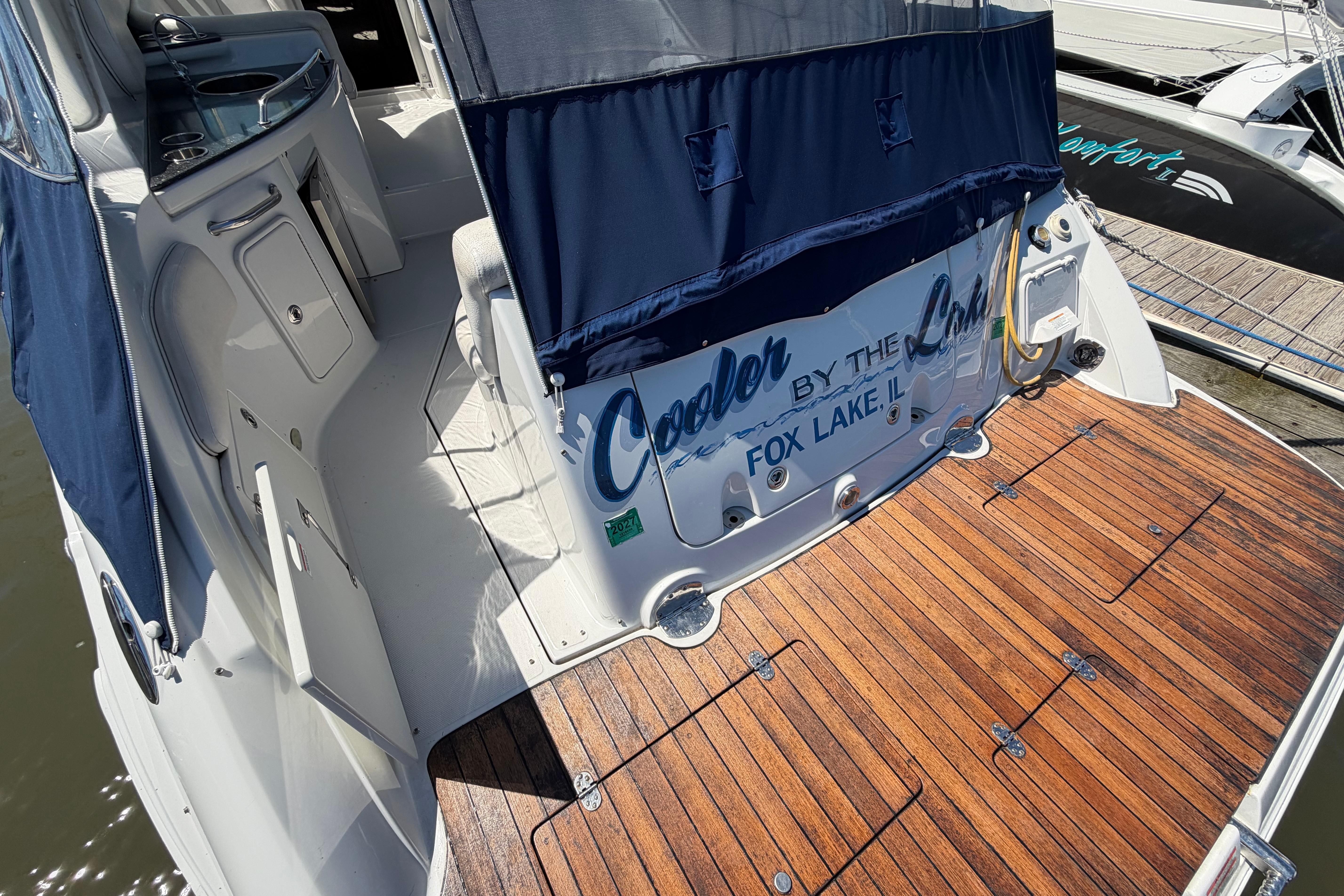 2008 Crownline 340 CR boat with teak deck, docked at Fox Lake, IL.