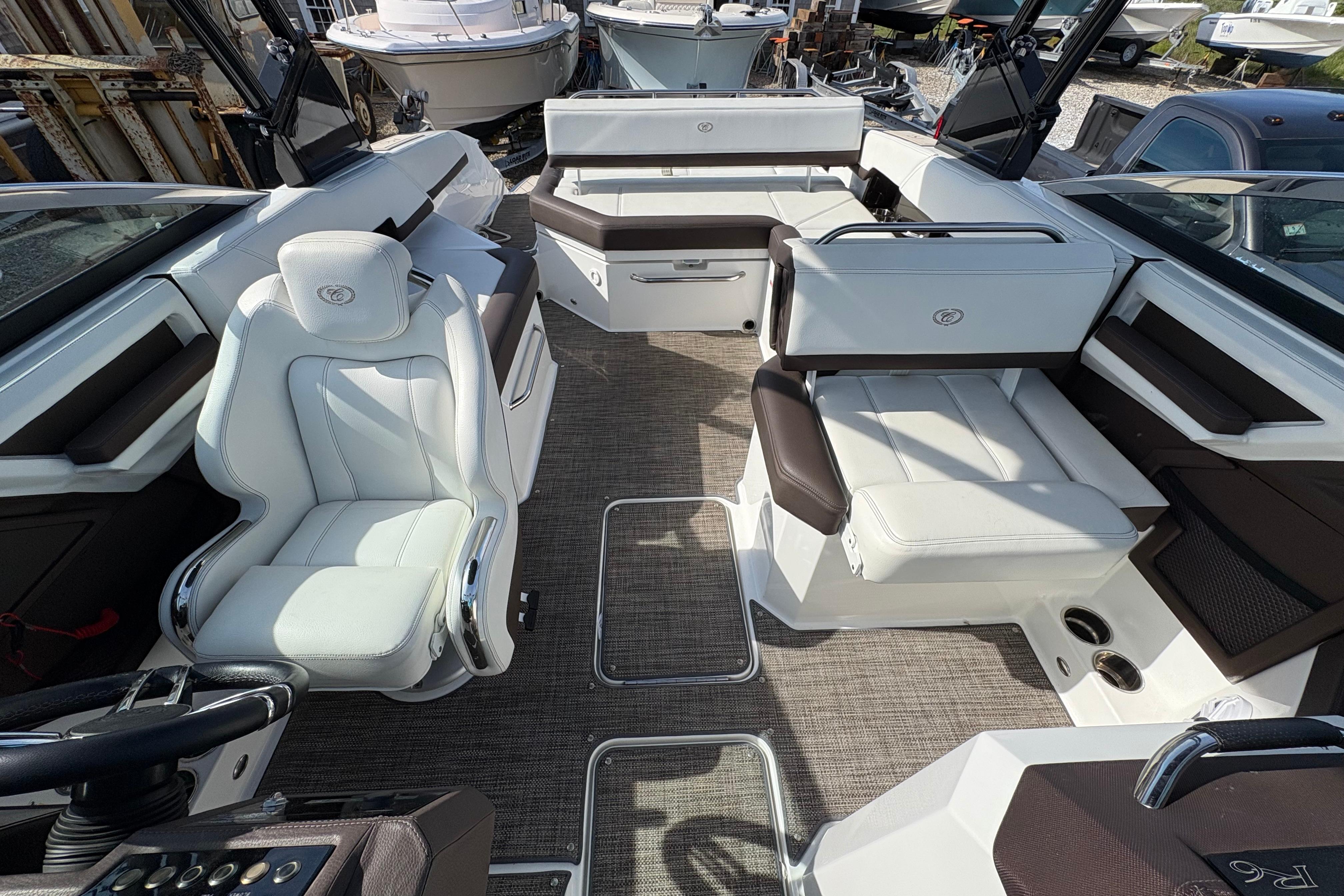 2022 Cobalt R6 boat interior with luxurious seating and modern design.