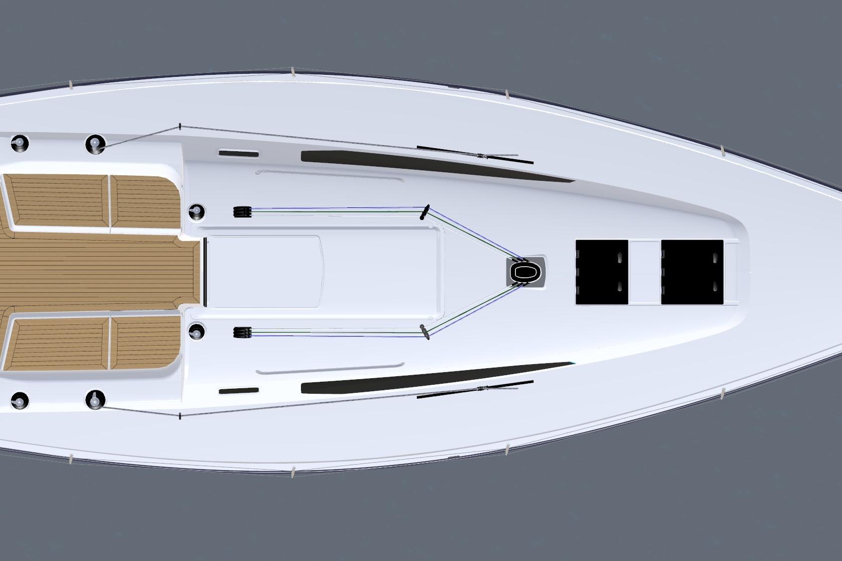 Top view of 2026 J Boats J/36 sailboat deck, featuring sleek design and wooden accents.