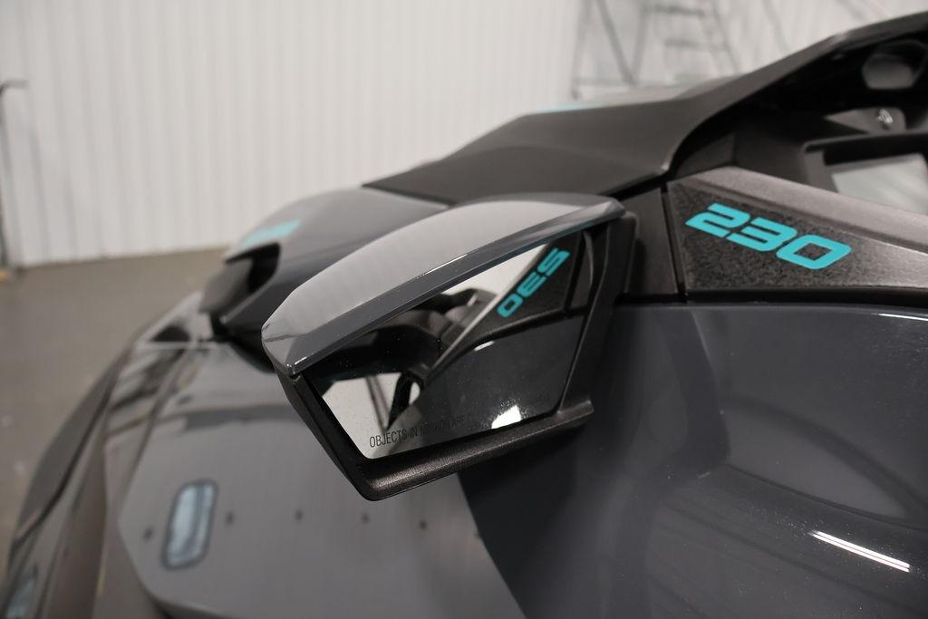 Close-up of 2026 Sea-Doo GTR 230, showcasing sleek design and side mirror detail.