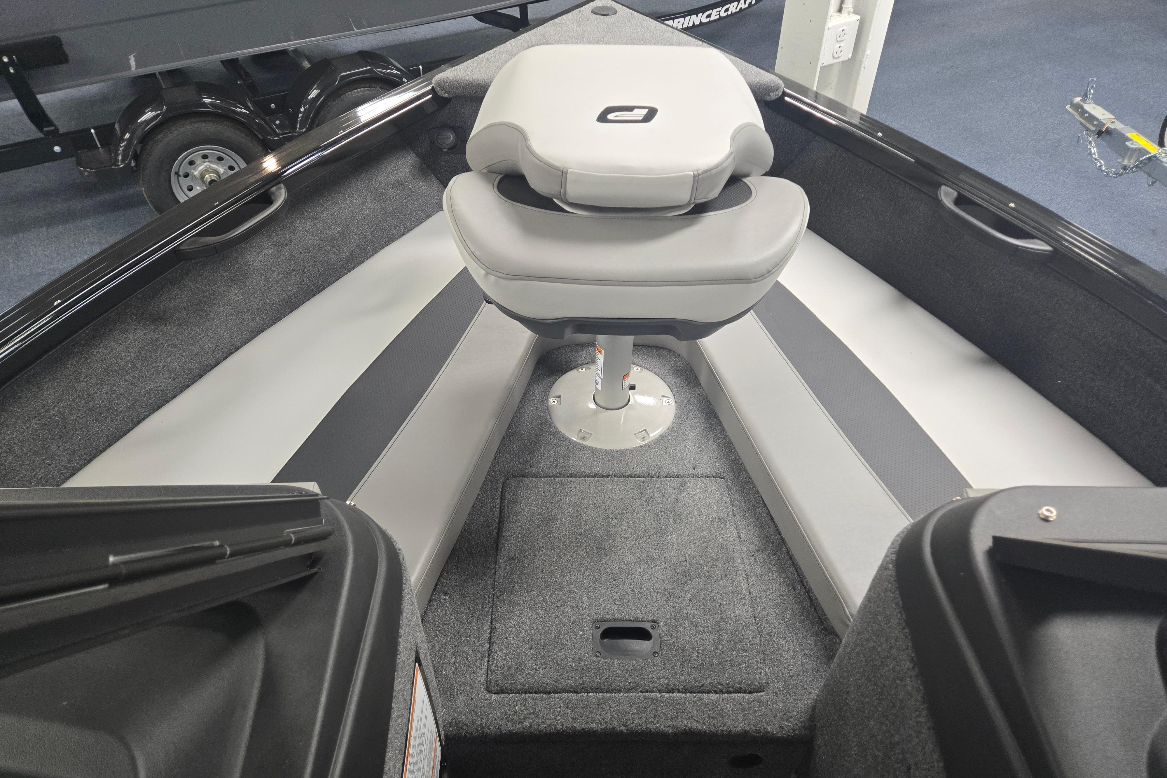 2026 Princecraft Sport 175 MAX boat interior with gray seating and carpeted flooring.