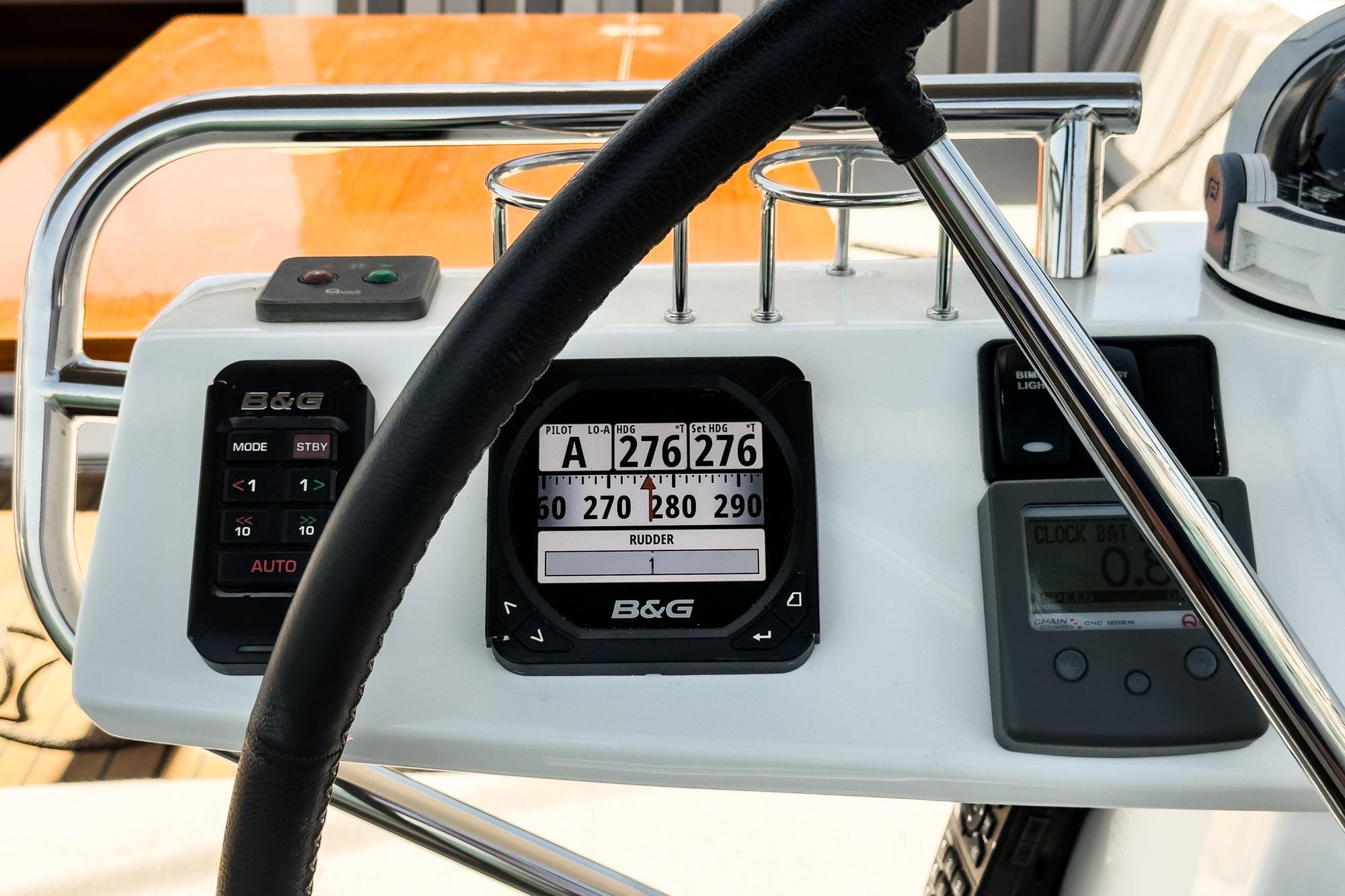 Cockpit instruments of a 2017 Beneteau Sense 50 yacht, featuring B&G navigation displays.