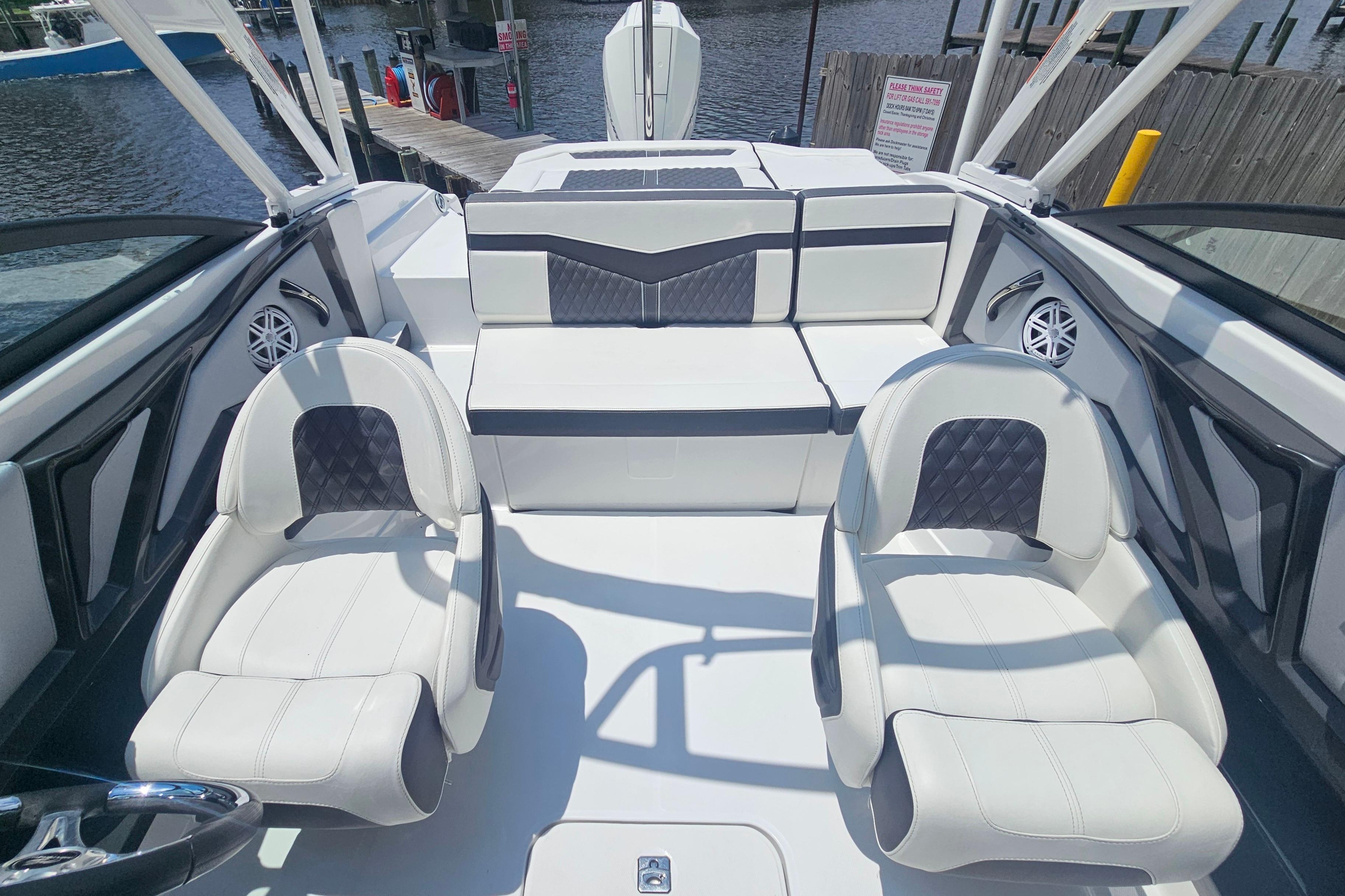 2024 Monterey 215SS Super Sport boat interior with white seating and modern design.