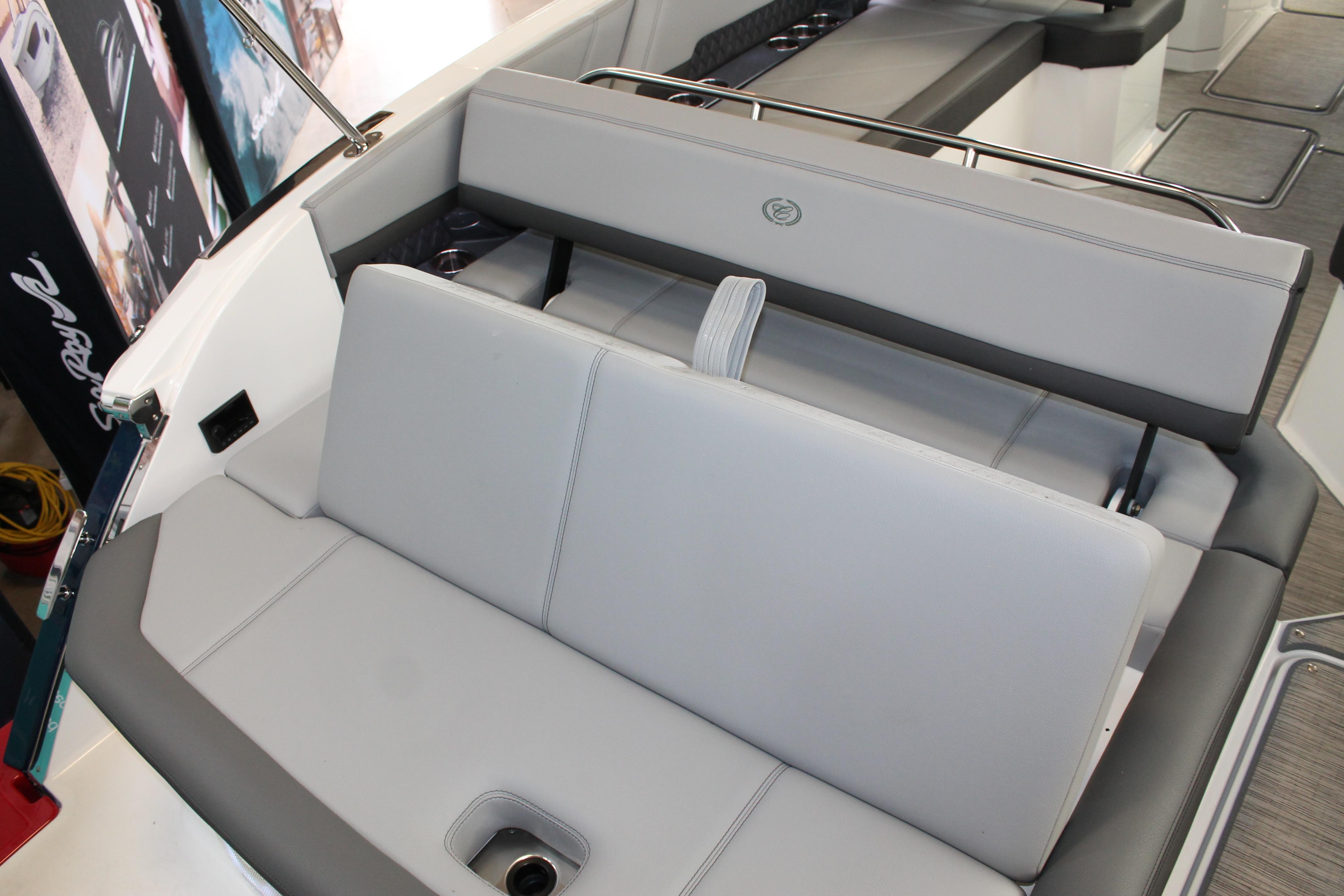 2023 Cobalt R8 boat interior with gray seating and sleek design.