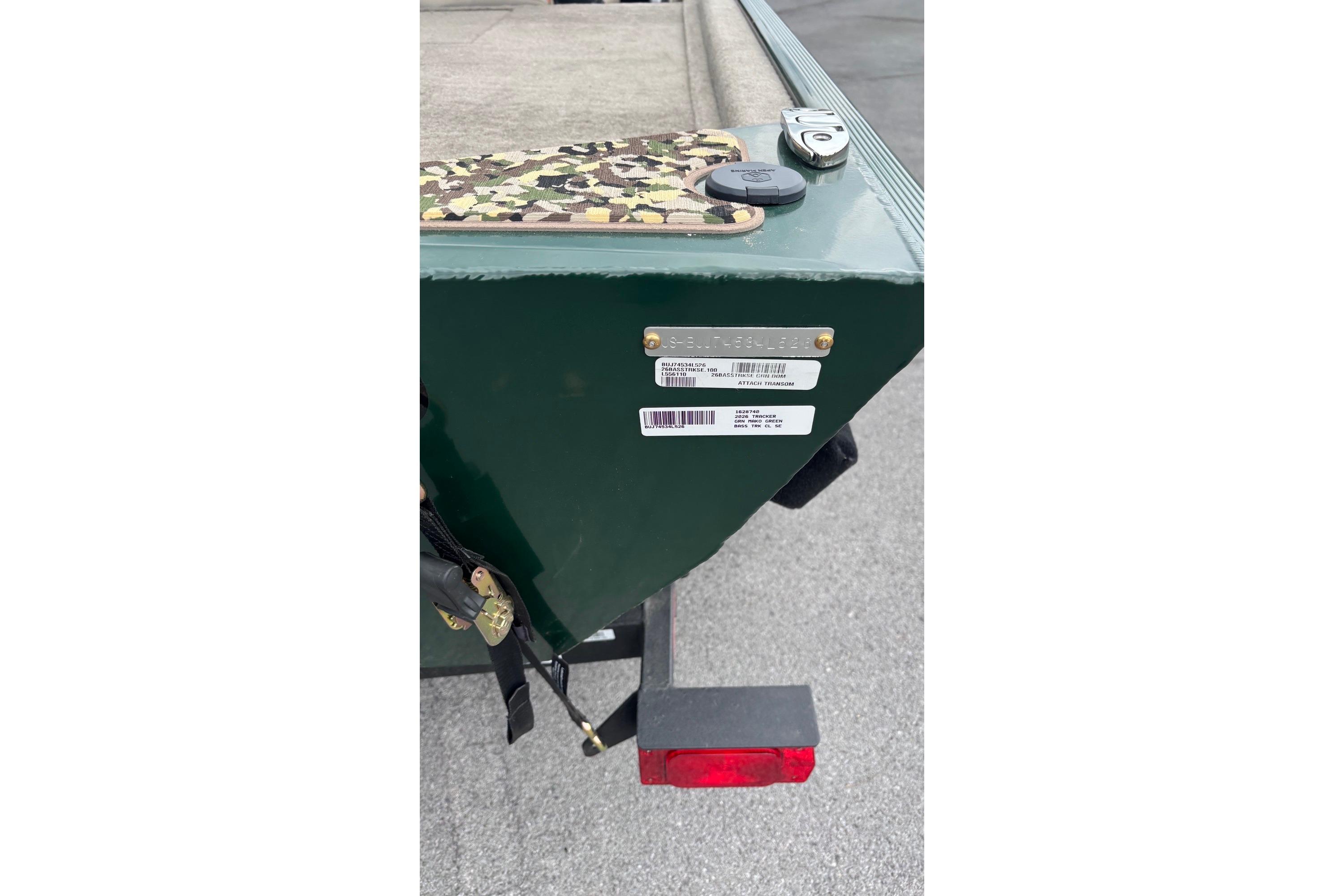 2026 Tracker Bass Tracker Classic Limited boat with camouflage detail and identification labels.