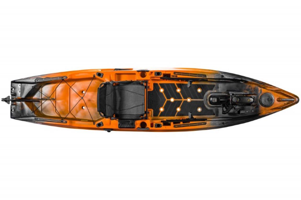 Top view of 2023 Old Town Sportsman Autopilot 136 kayak in orange and black.