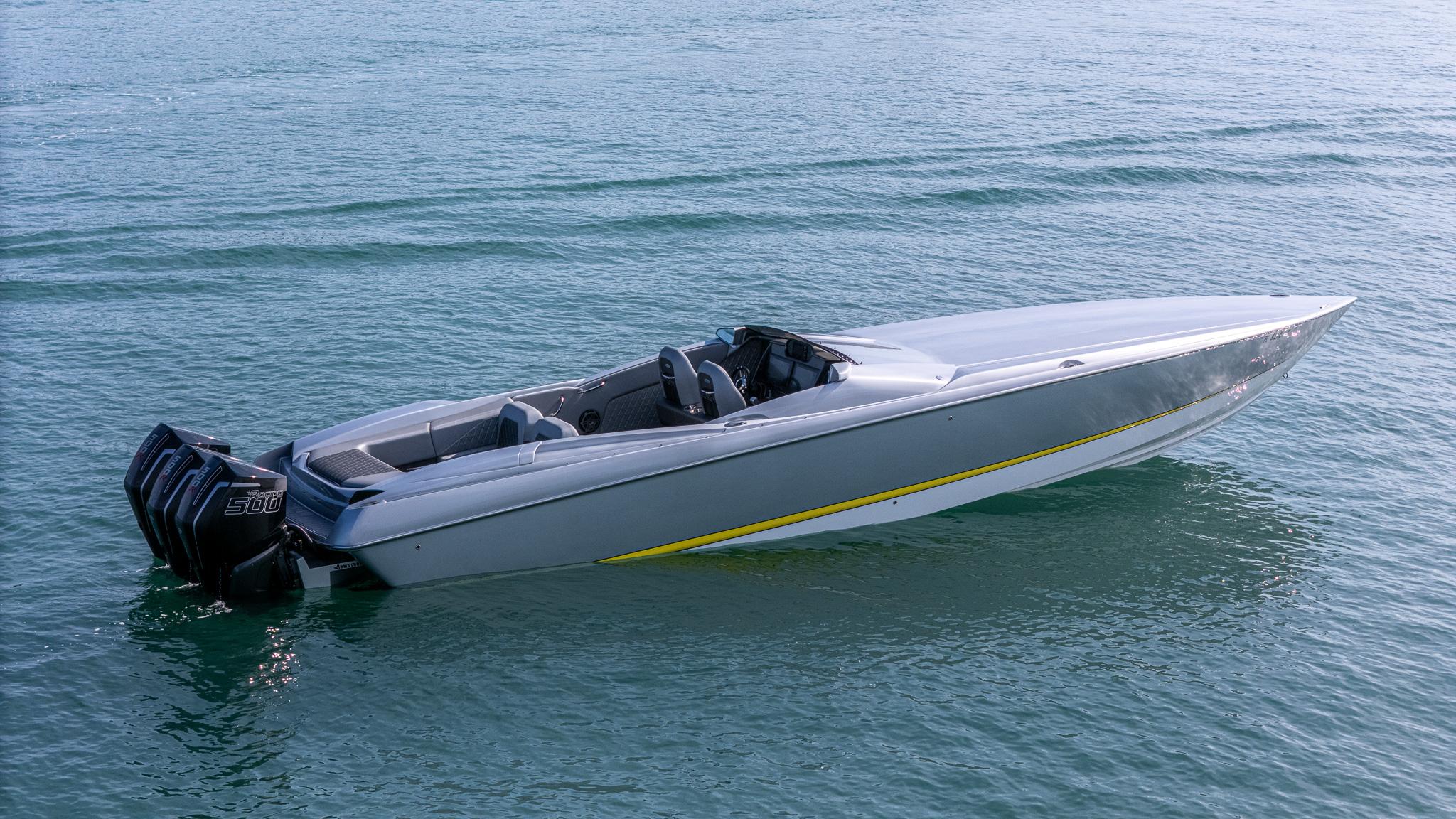2017 Nor-Tech 3900 Super-VEE speedboat on calm water, featuring sleek design and powerful engines.