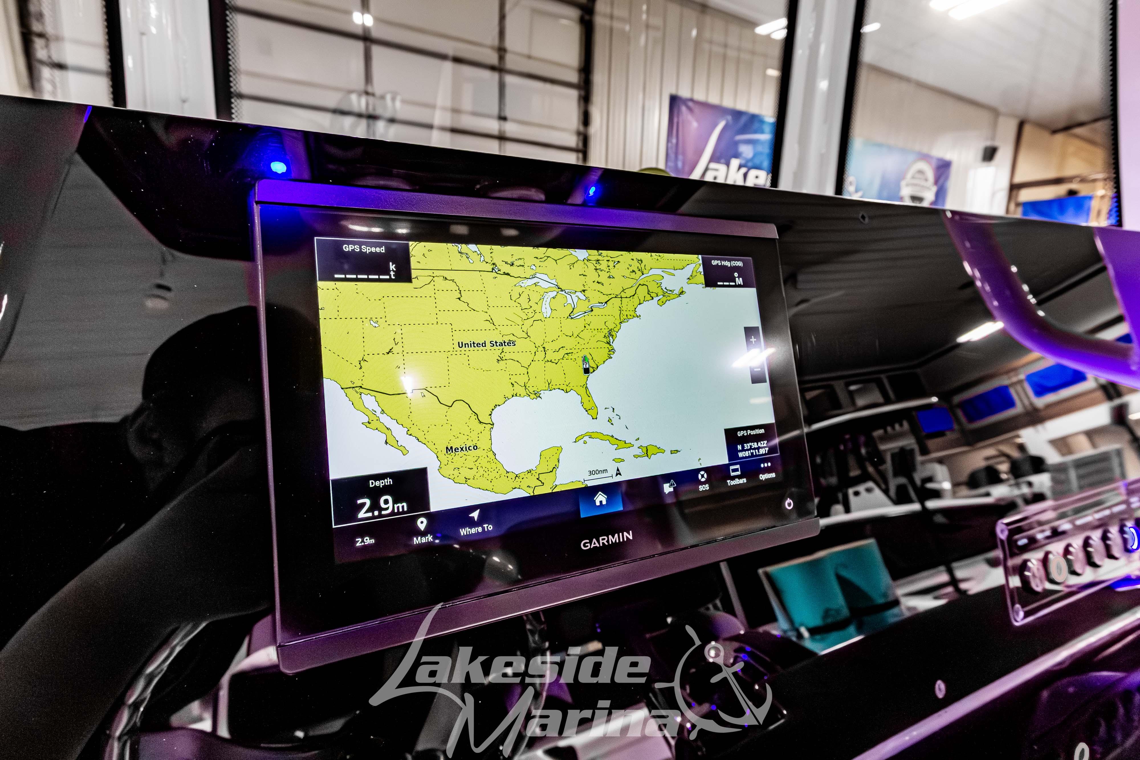 Garmin GPS display on 2026 Tidewater 198 CC Adventure boat at Lakeside Marina.