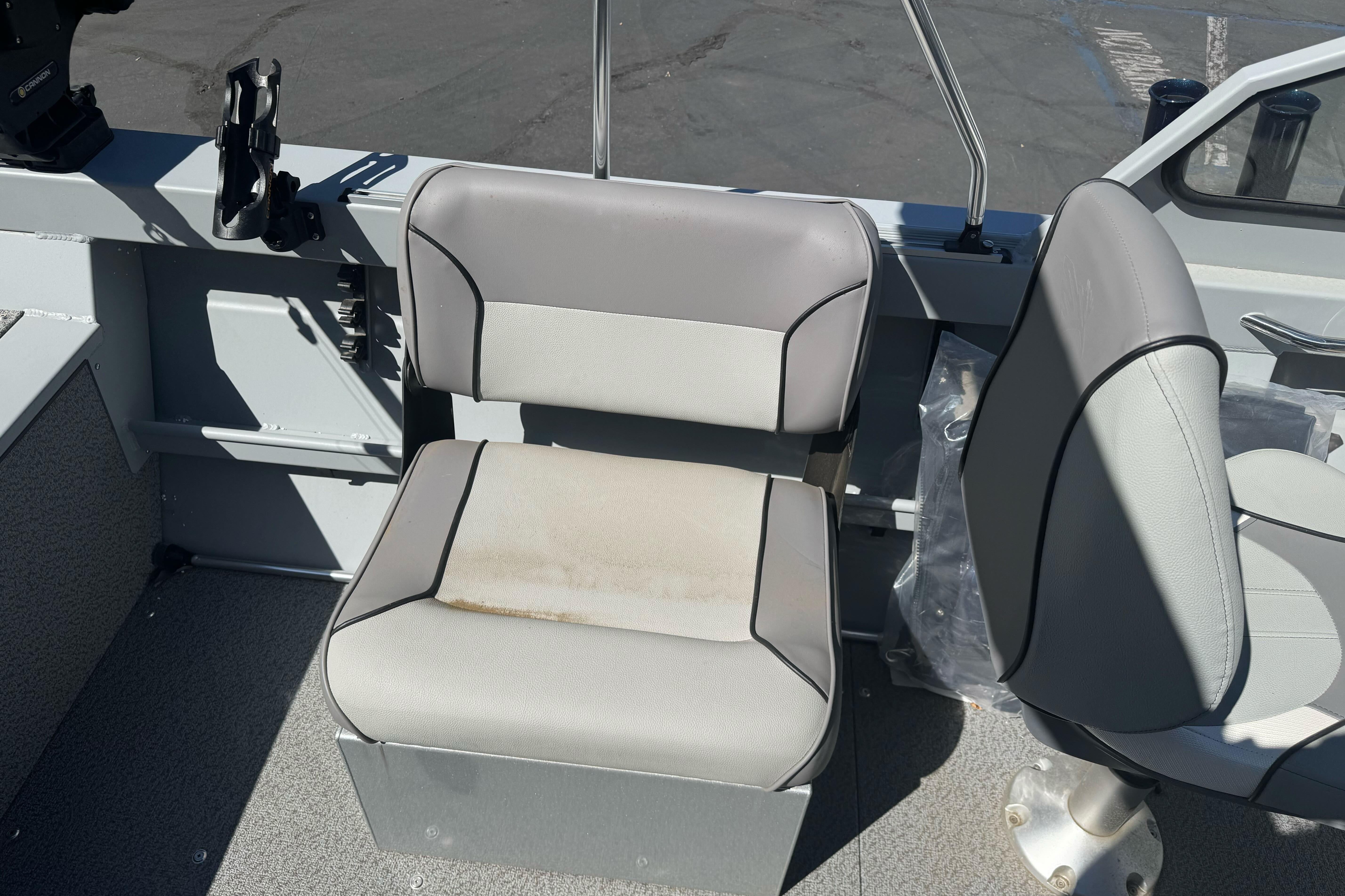 Boat interior with gray seating, KingFisher 16 Falcon, 2026 model.