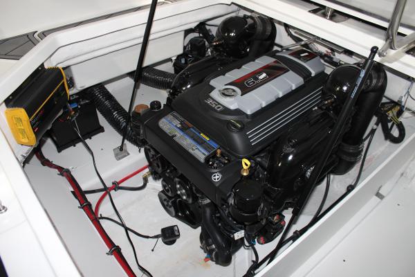 2025 Cobalt R6 engine compartment showcasing powerful marine engine and components.
