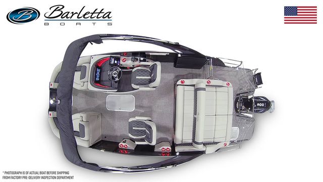 Top view of 2026 Barletta Lusso 23UCA boat with seating and helm details.