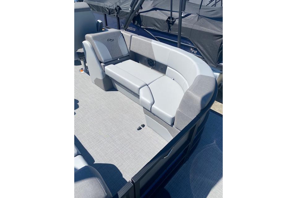 2026 Manitou 23 AURORA RF VPII 575 pontoon boat with gray seating.