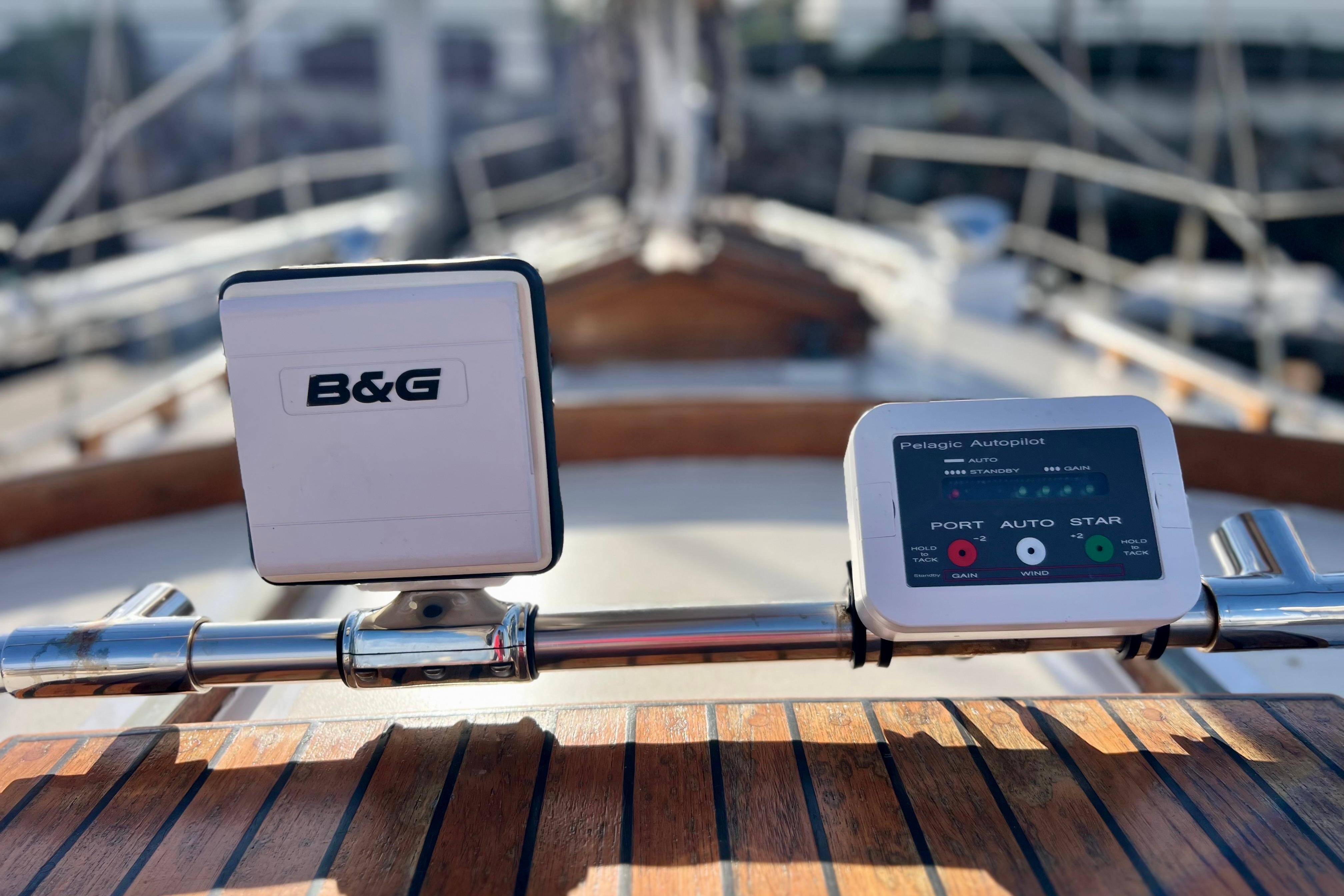 Cockpit of 1975 Cape George 36 sailboat with B&G and Pelagic Autopilot systems.
