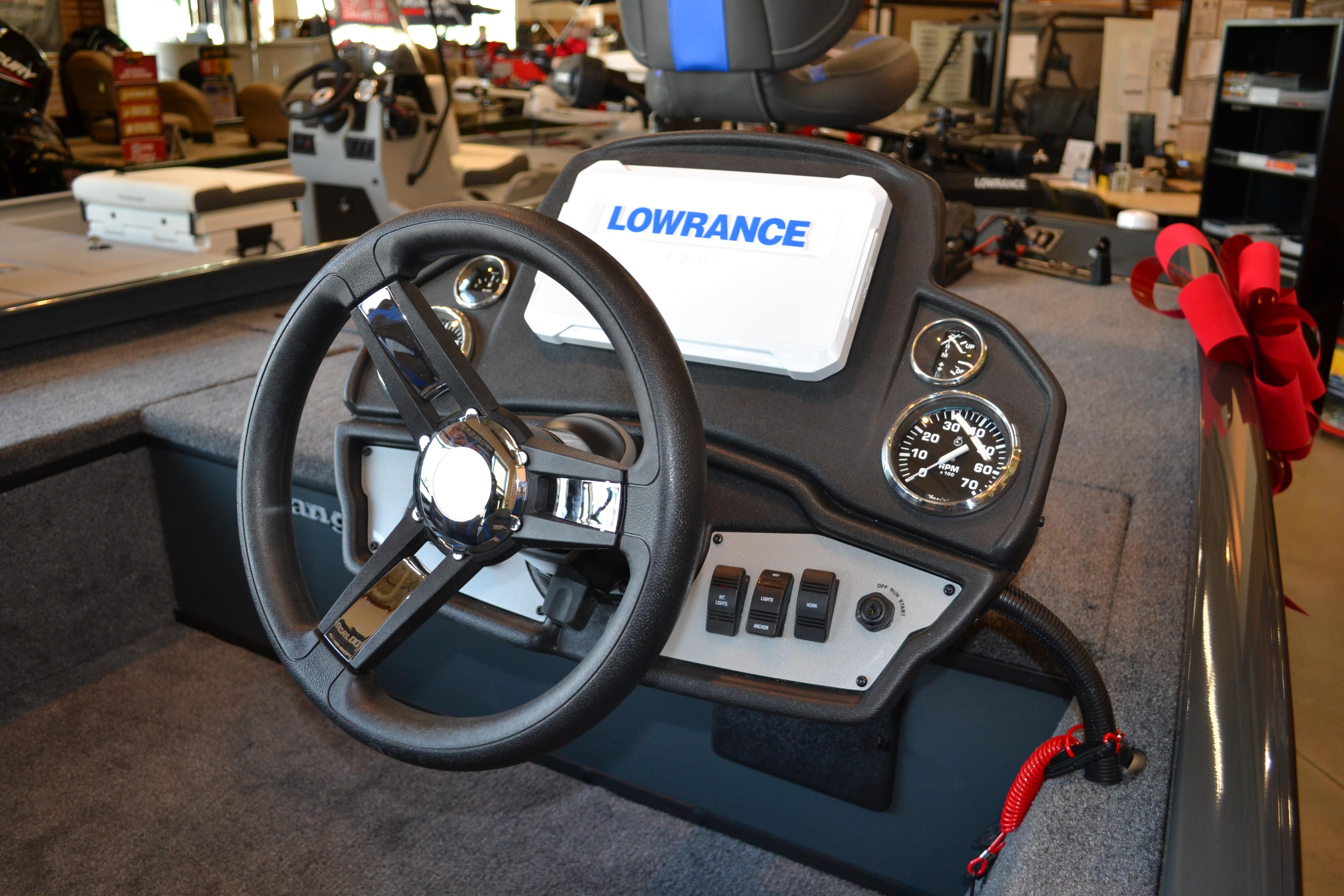 2026 Ranger RT178C boat dashboard with steering wheel and Lowrance display.