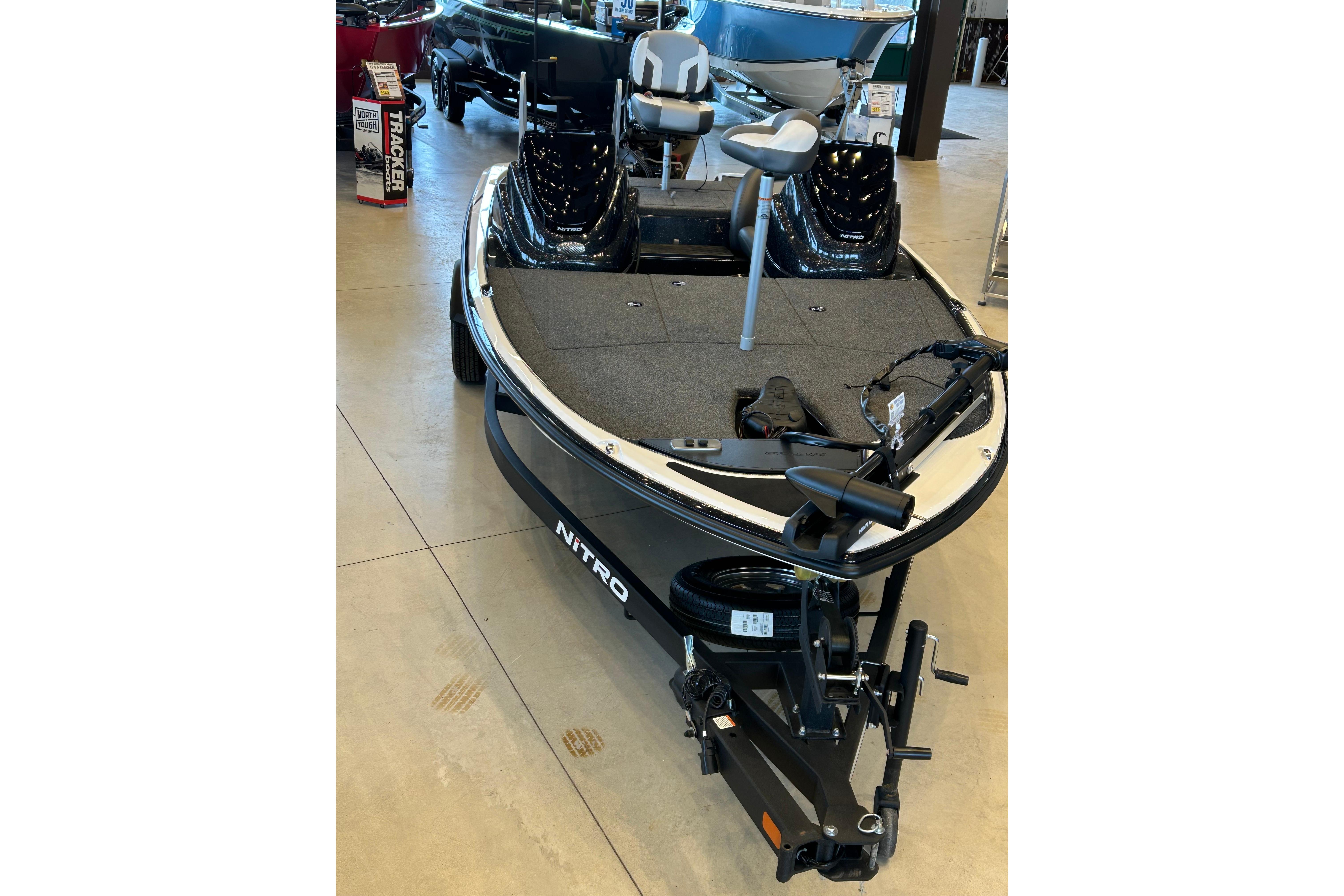 2026 Nitro Z17 boat in showroom, featuring sleek design and modern equipment.