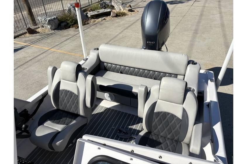 Interior of a 1997 Scully's 18 WT boat with modern seating and motor.