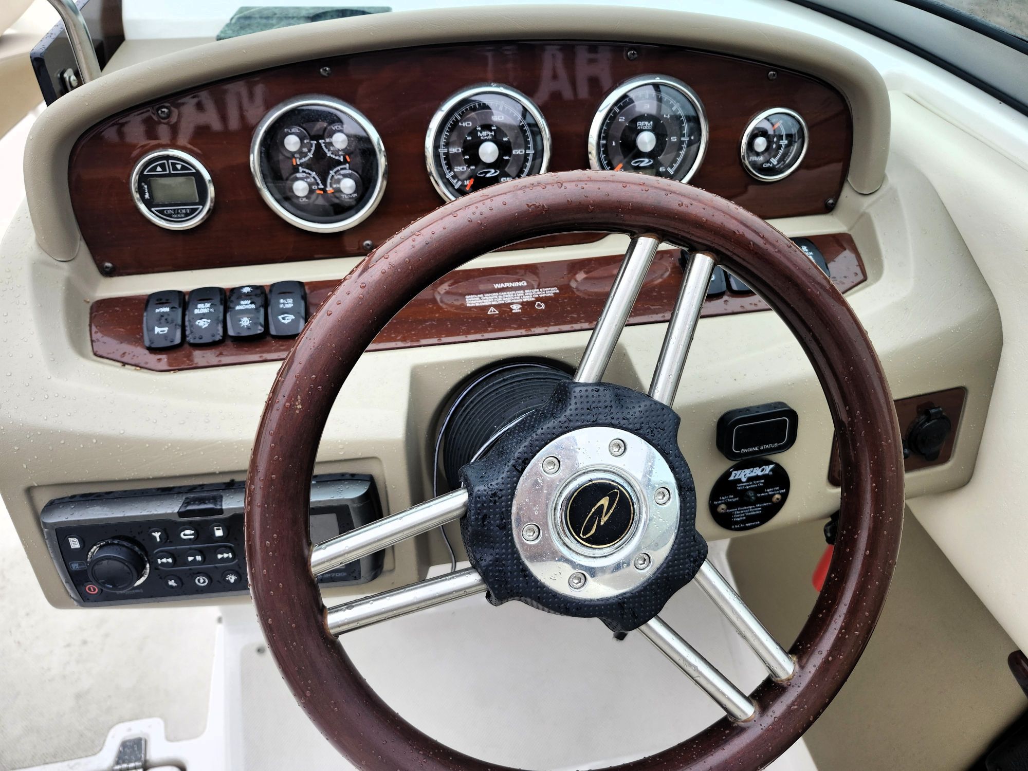 Close-up of a boat steering wheel with wood accents and instrument panel.
