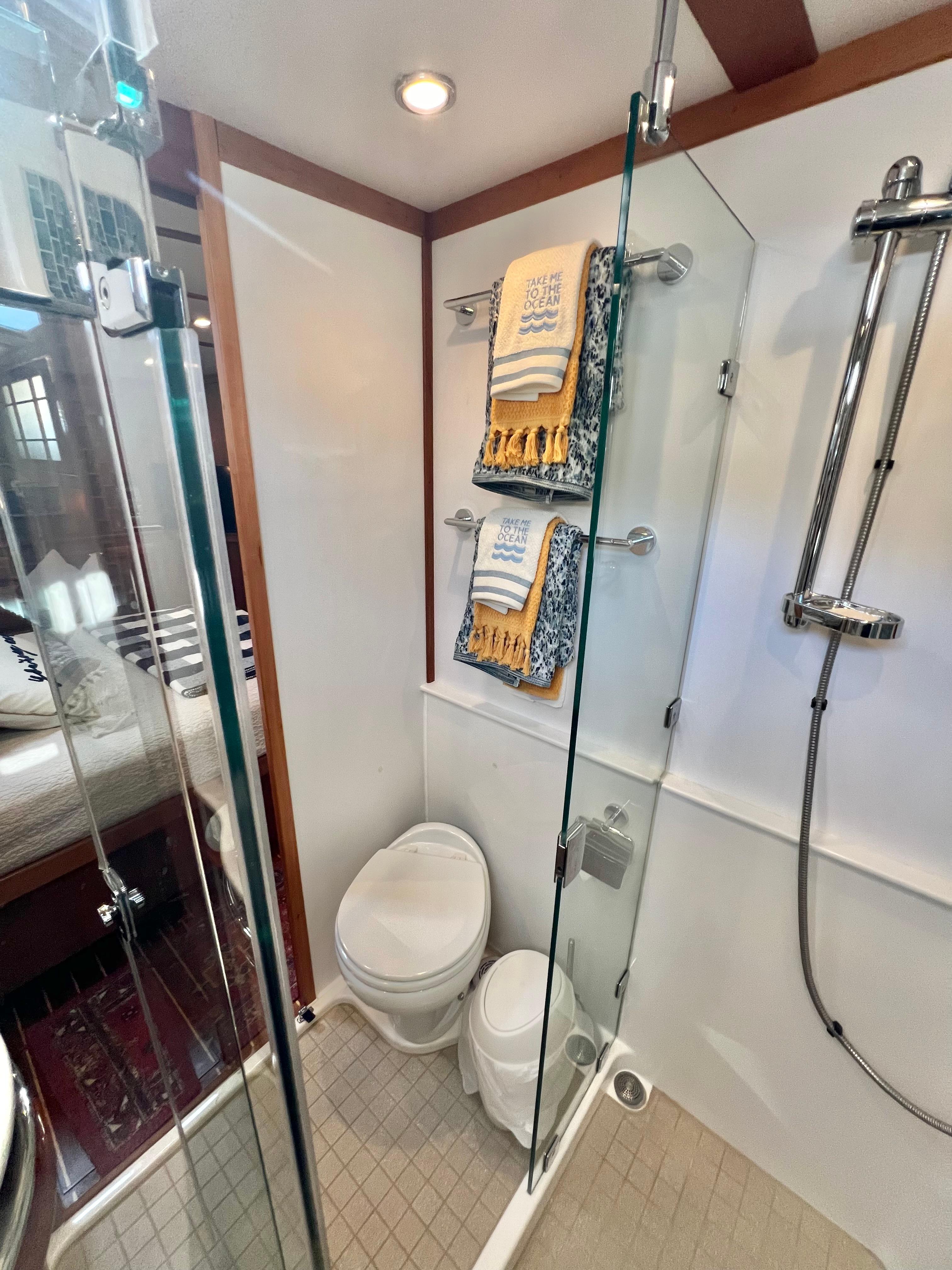 Luxurious bathroom in Sabre 48 Salon Express yacht, 2017 model.