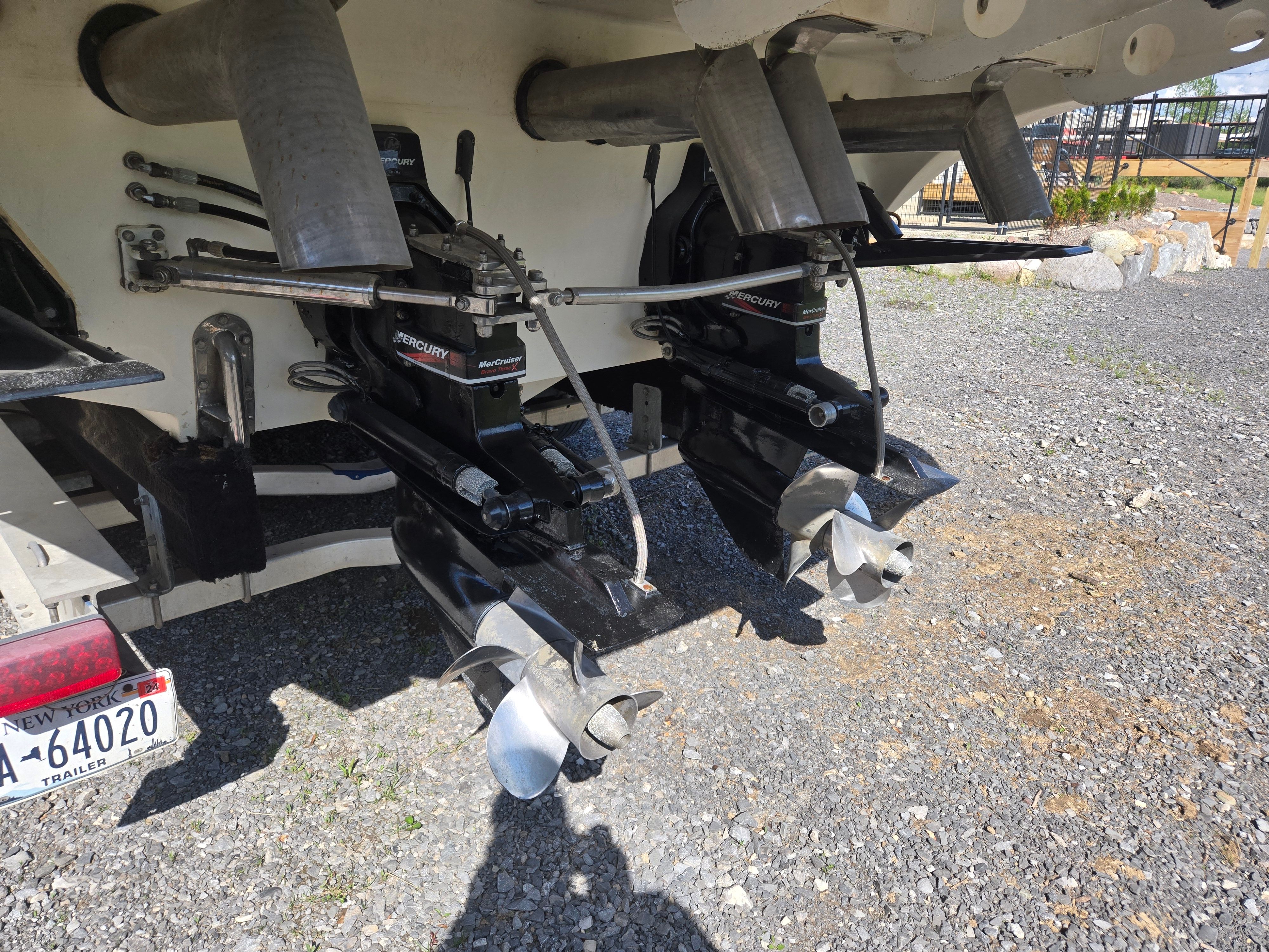 Rear view of 2004 Fountain 38 Express Cruiser with Mercury drives.