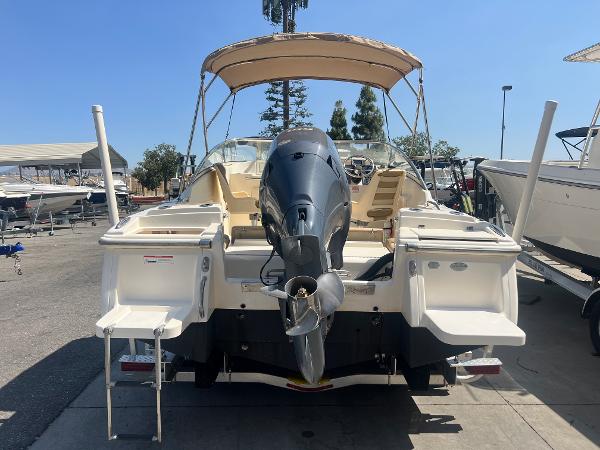 2019 Scout 210 Dorado boat with outboard motor, docked at a marina.