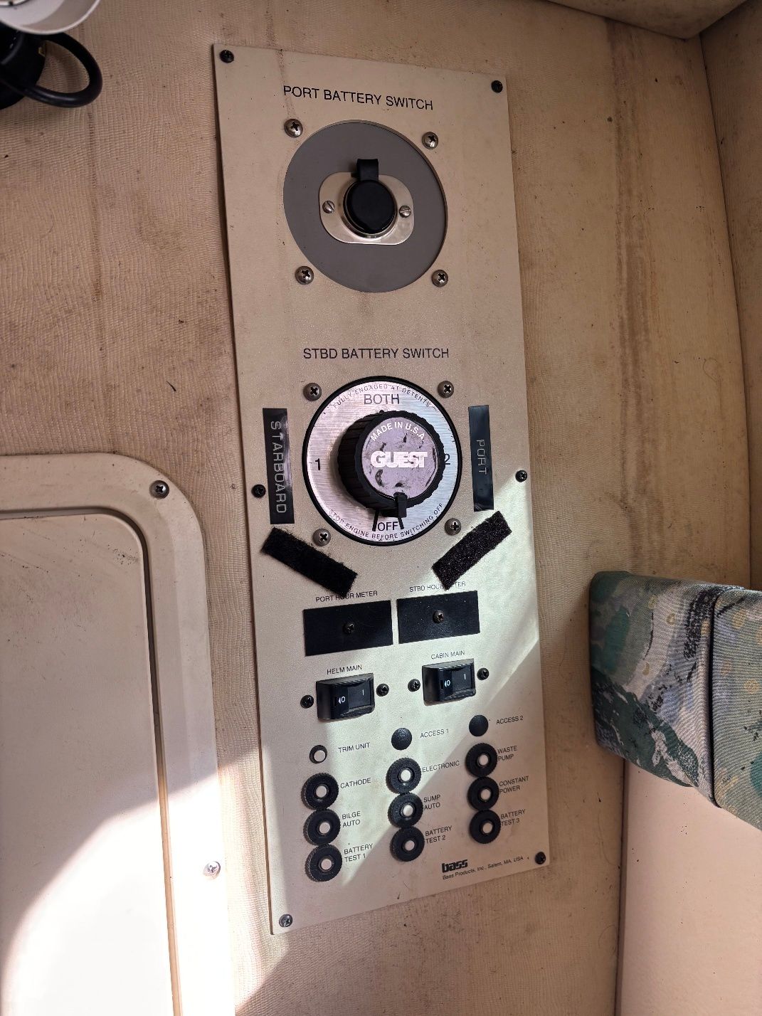 Battery switch panel on a 1997 Donzi 275LXC boat.