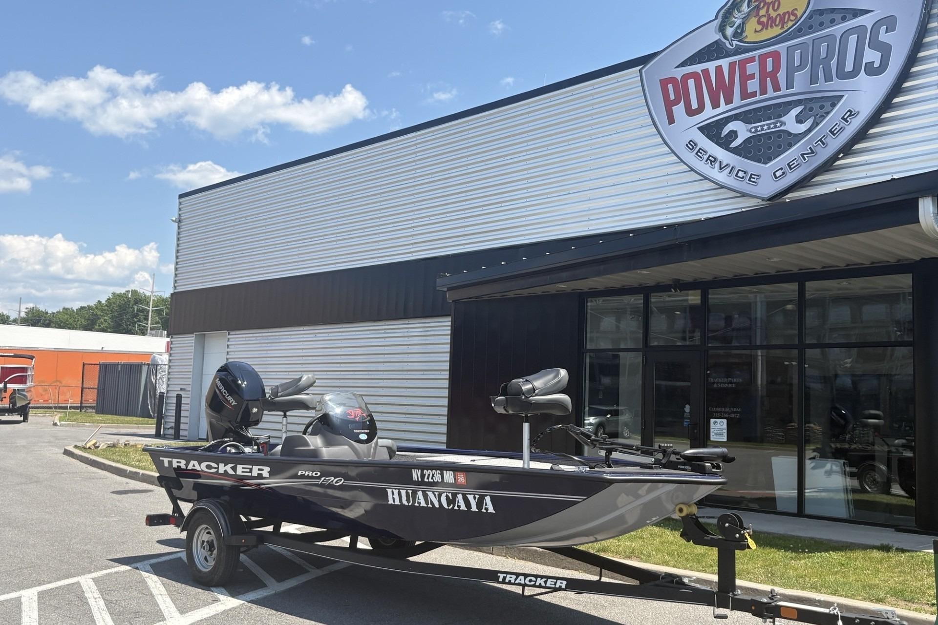 2020 Tracker Pro 170 boat outside Power Pros Service Center on a sunny day.