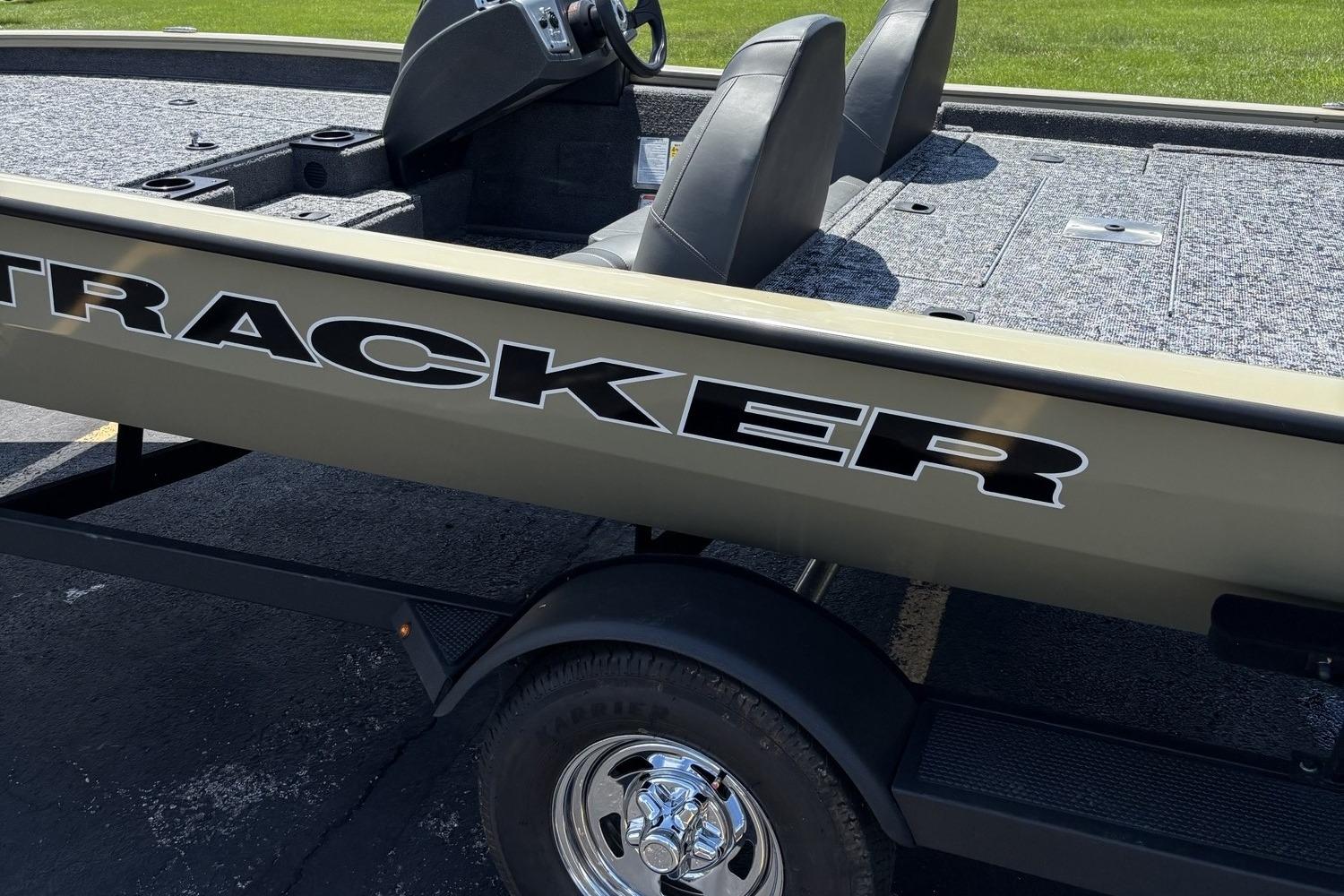 2026 Tracker Pro Team 190 boat on trailer, featuring sleek design and comfortable seating.