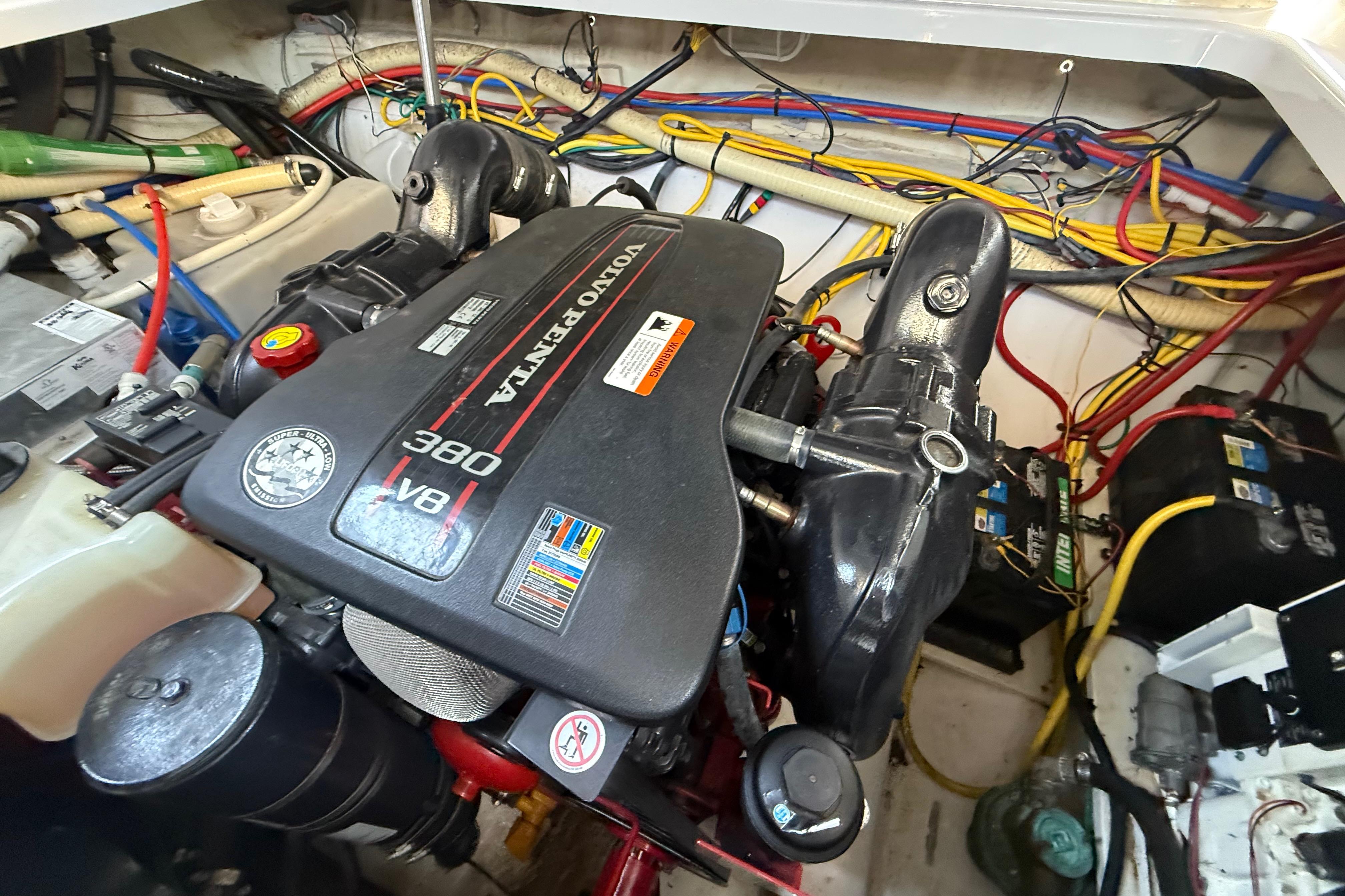 Engine compartment of 2017 Four Winns V275 with Volvo Penta 380 V8 engine.