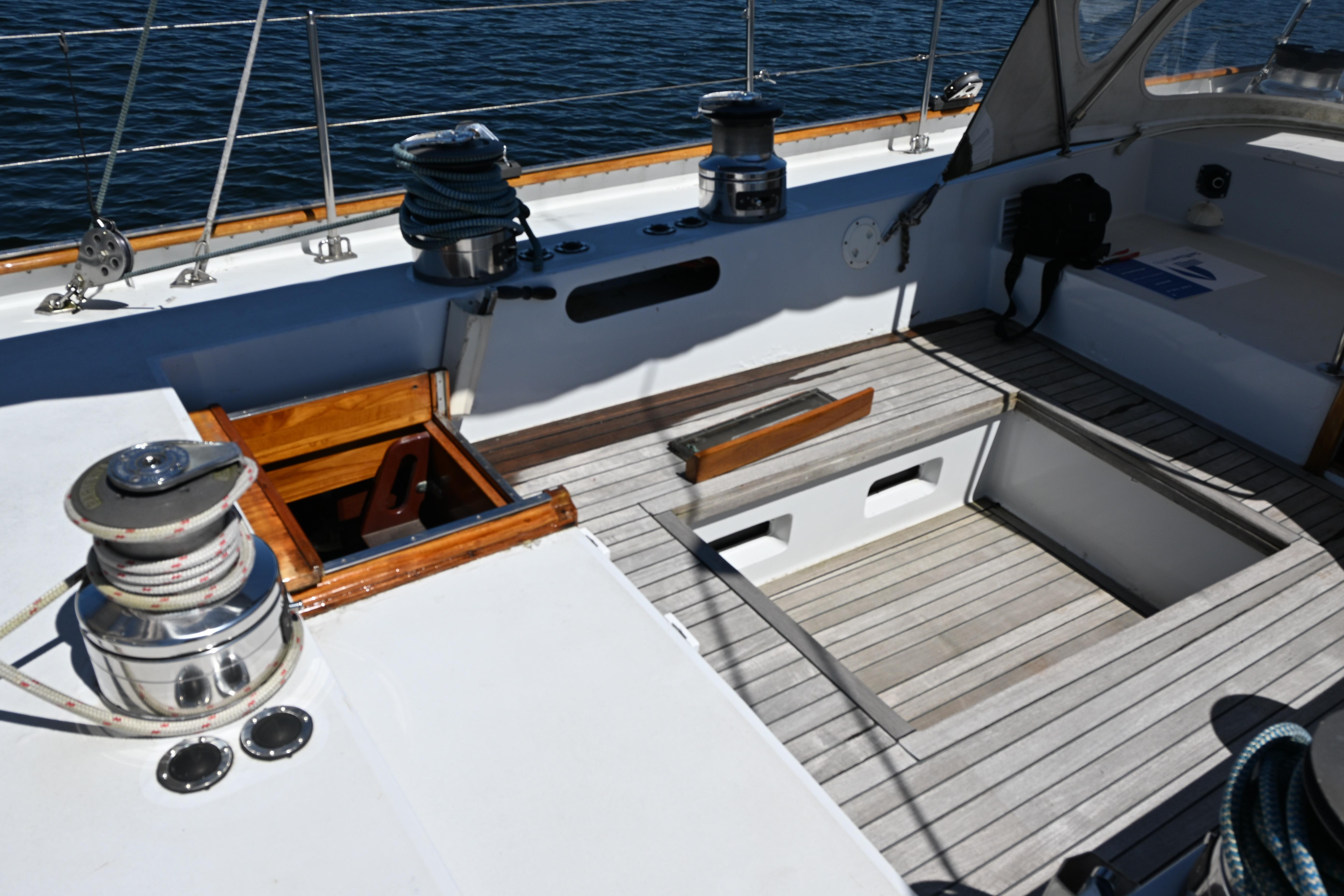 Cockpit of 1968 Abeking & Rasmussen Tripp 74 yacht with winches and teak decking.