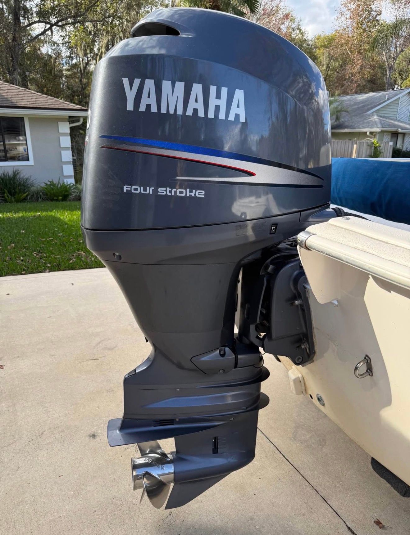 A Yamaha four-stroke engine is mounted on a Carolina Skiff 258 DLV boat.
