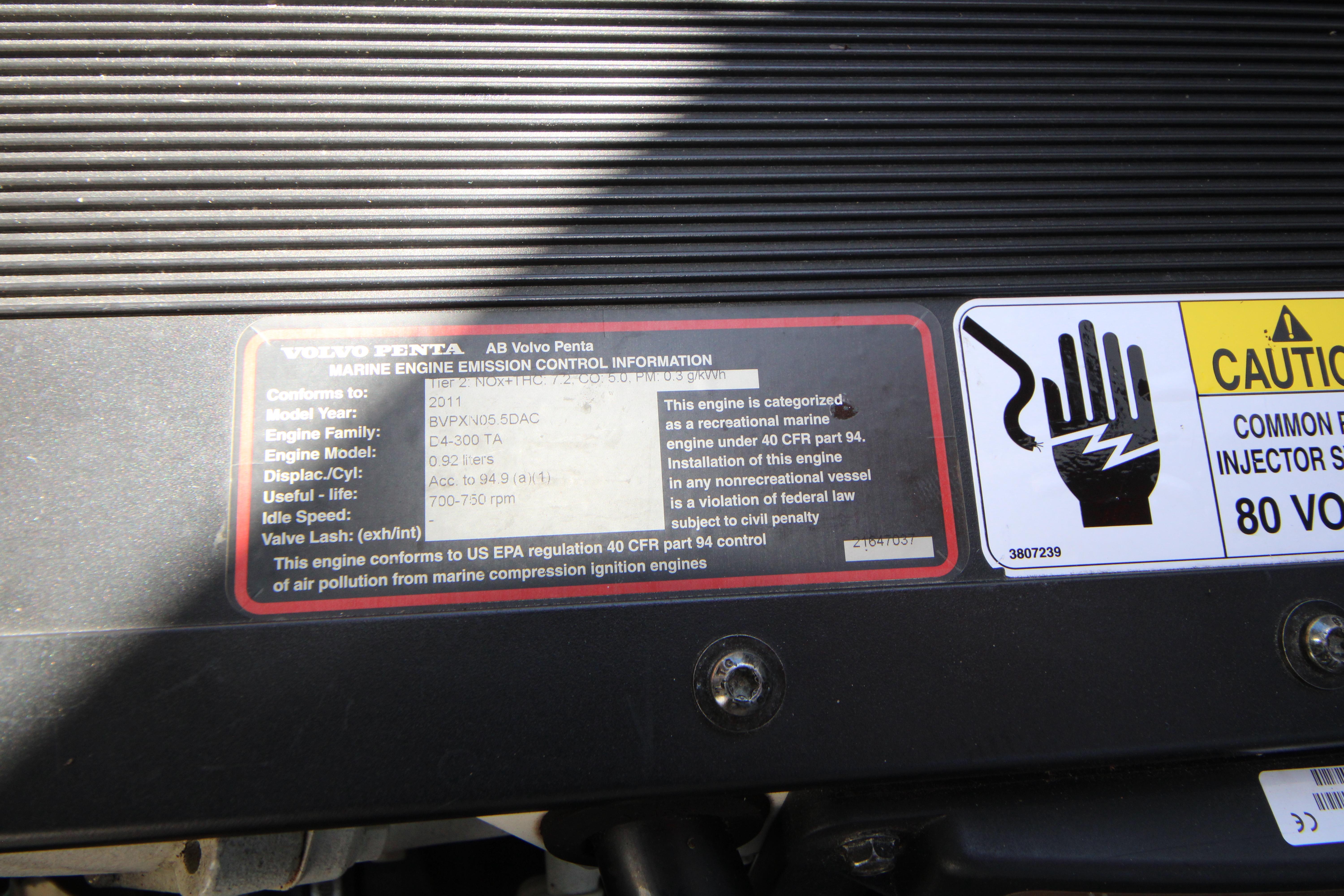 Volvo Penta marine engine emission control label on a 2013 Ranger Tugs R-31 CB.