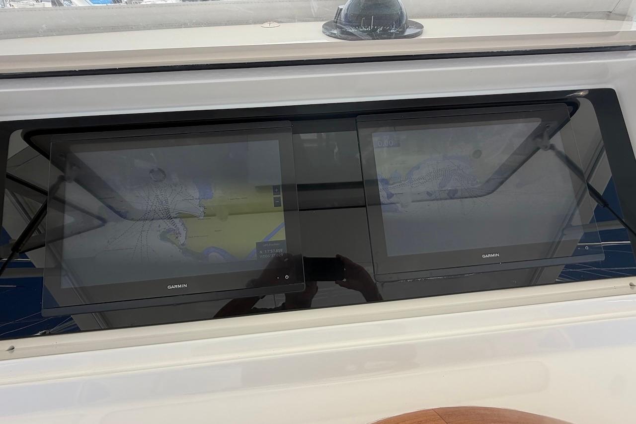 Garmin navigation screens on a 2012 Viking 50 Convertible yacht dashboard.