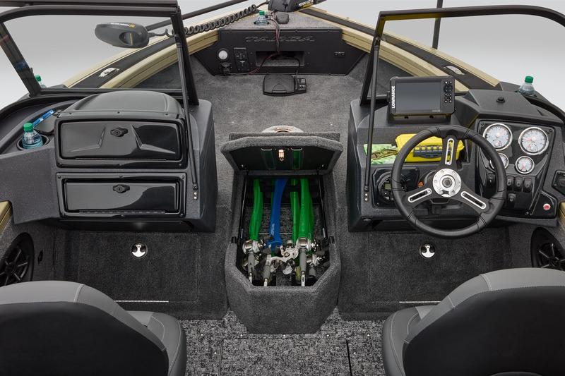 2026 Tracker Targa V-18 Combo boat interior with steering console and storage compartments.