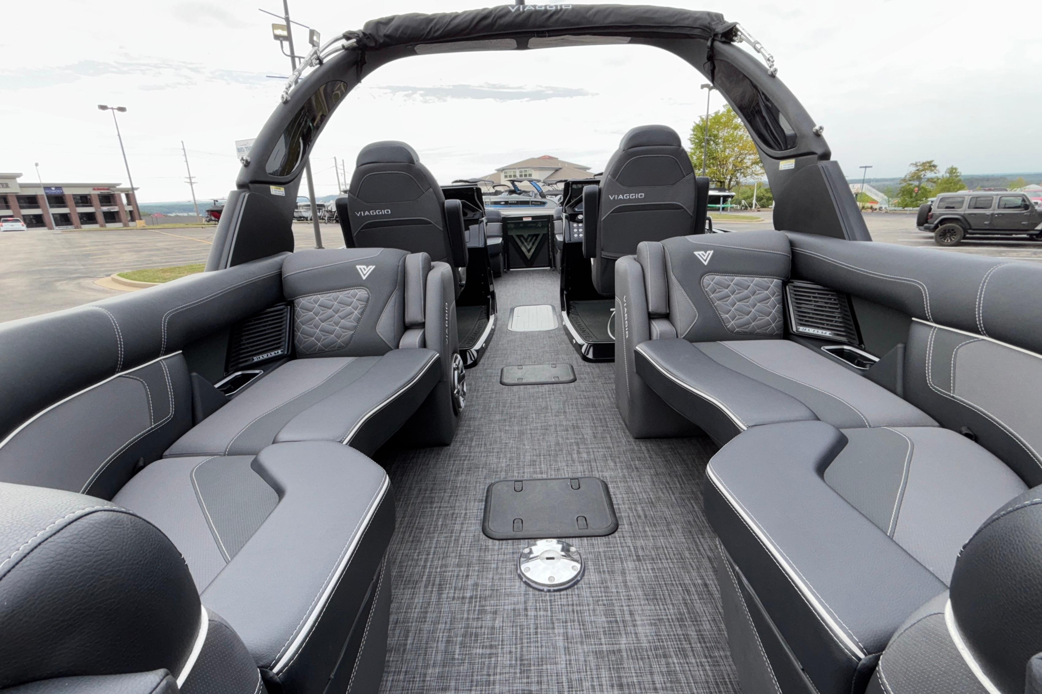 Luxurious interior of 2026 Viaggio D28UW A-T boat with plush seating and modern design.