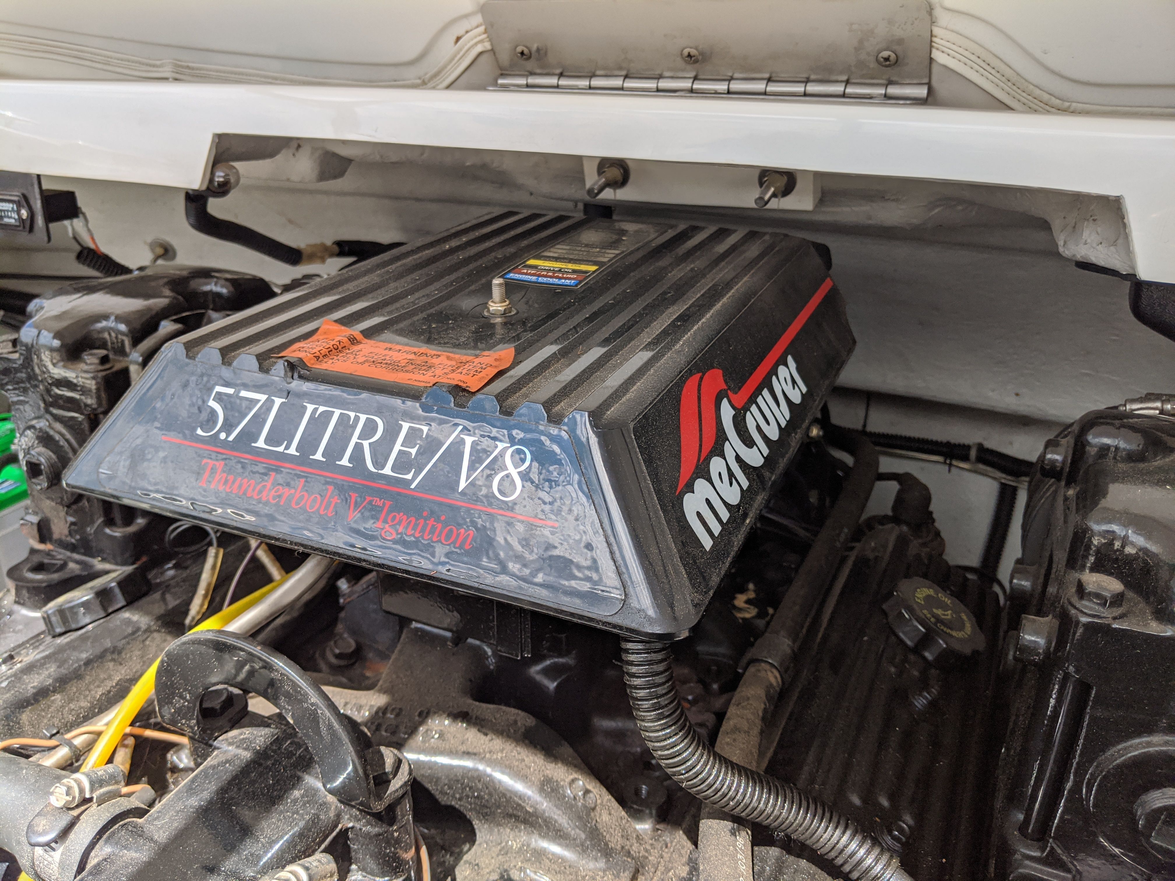 A 5.7-liter V8 MerCruiser engine in a 1997 Cobalt 190 boat.