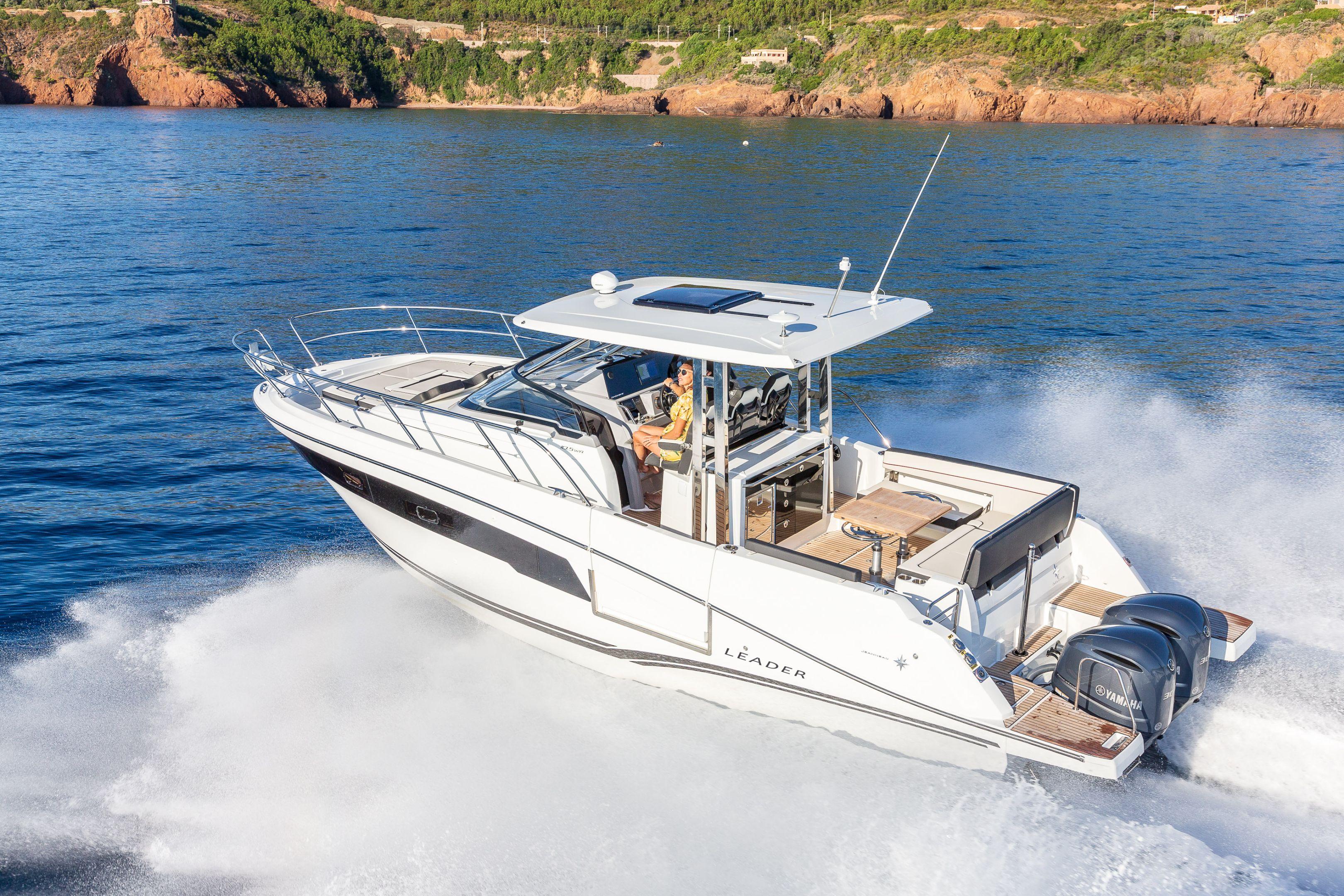 2025 Jeanneau Leader 10.5 WA Series 2 cruising on open water, showcasing sleek design and powerful engines.