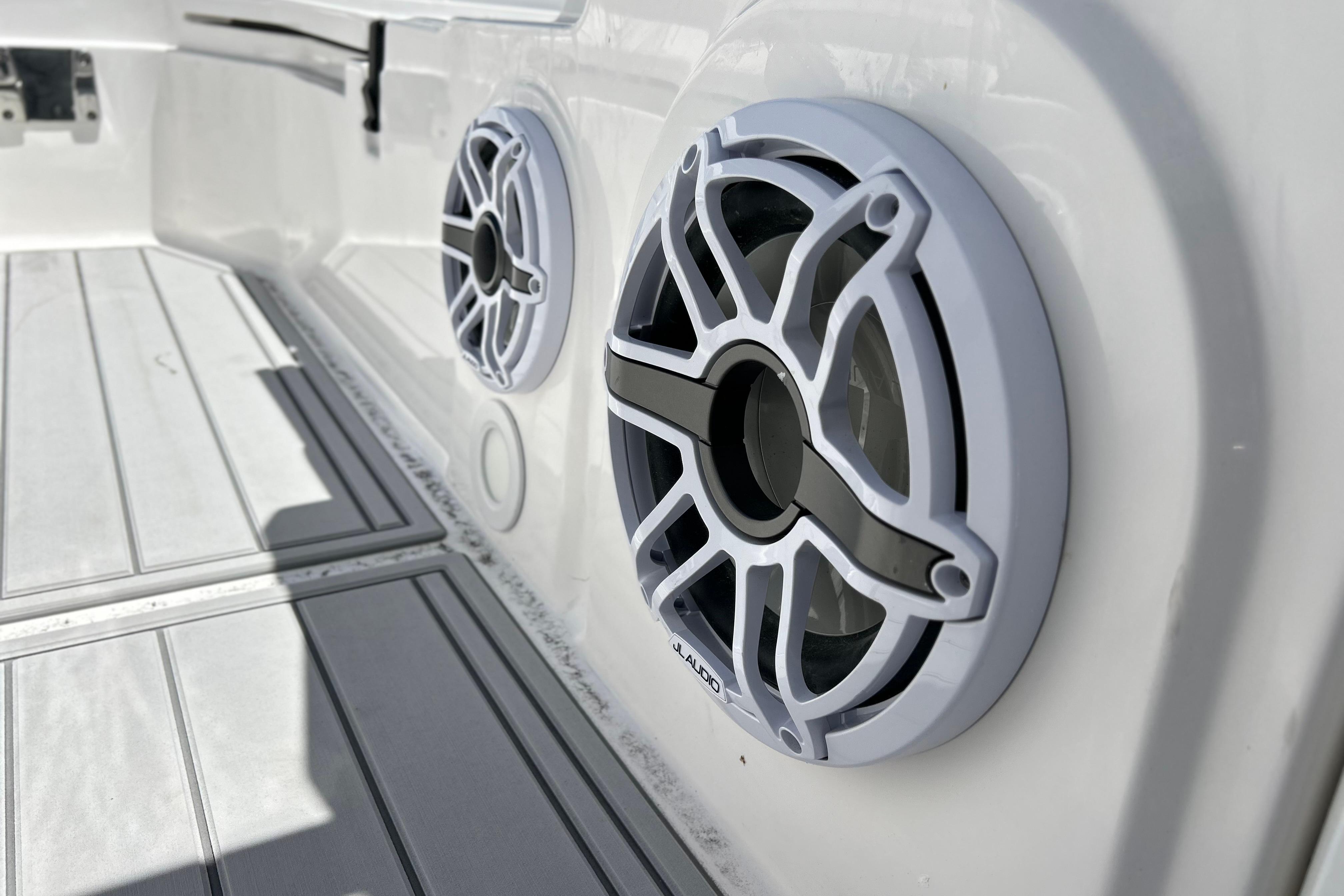 2026 Sea Fox 288 Traveler boat speakers on sleek deck surface.