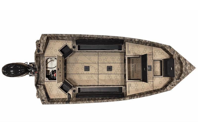 Top view of 2026 Excel 183 Tomahawk boat with camo design and spacious deck layout.