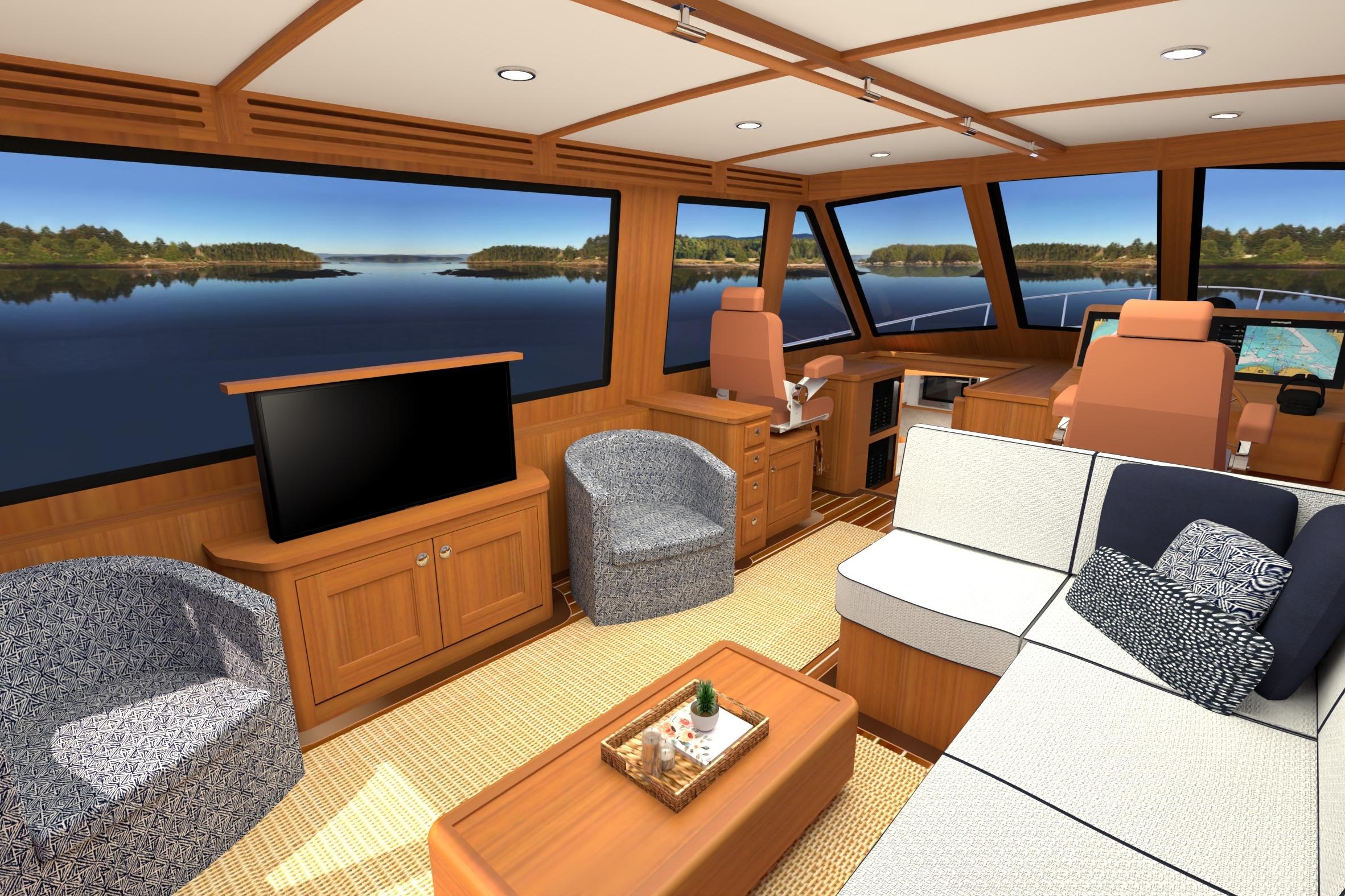 Luxurious interior of 2027 Hunt Yachts 56 Ocean Express with panoramic windows and elegant seating.