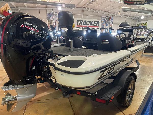2025 Nitro Z18 Pro boat with Mercury engine displayed in showroom.
